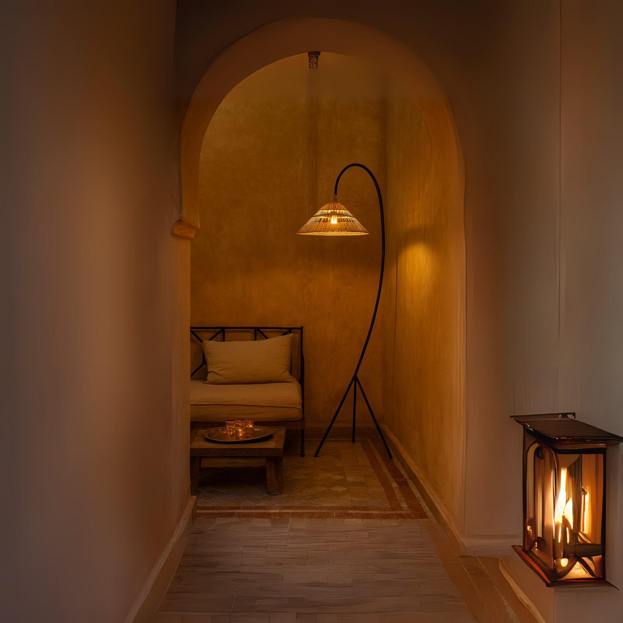 Lampadaire Arc Rotin Tunisie | Métal Noir Design | Fiolla Home