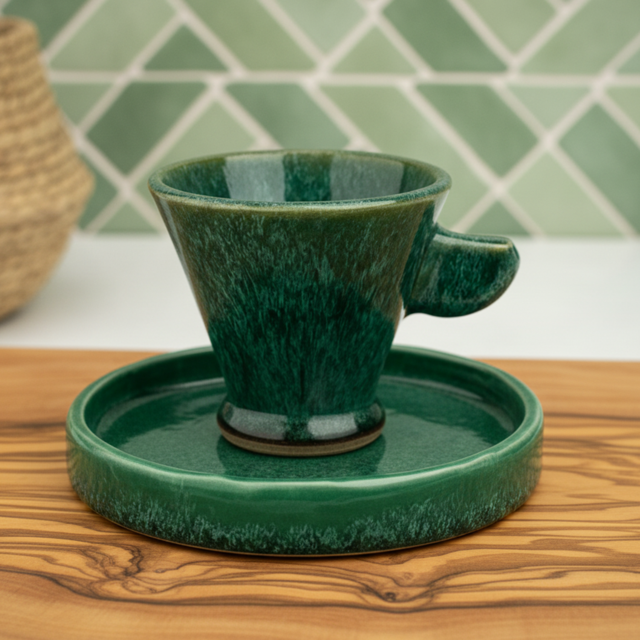 Tasse Conique avec Plateau – Céramique Émeraude Tunisienne