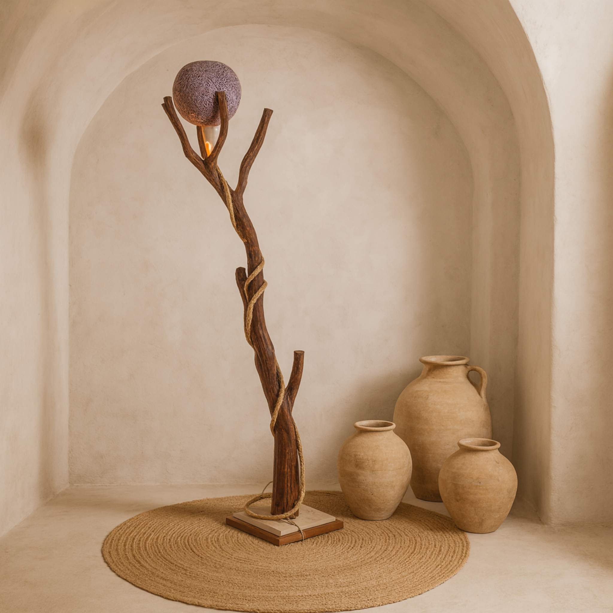 Lampadaire Artisanat Tunisien en Bois Naturel & Abat-Jour Tissé Violet