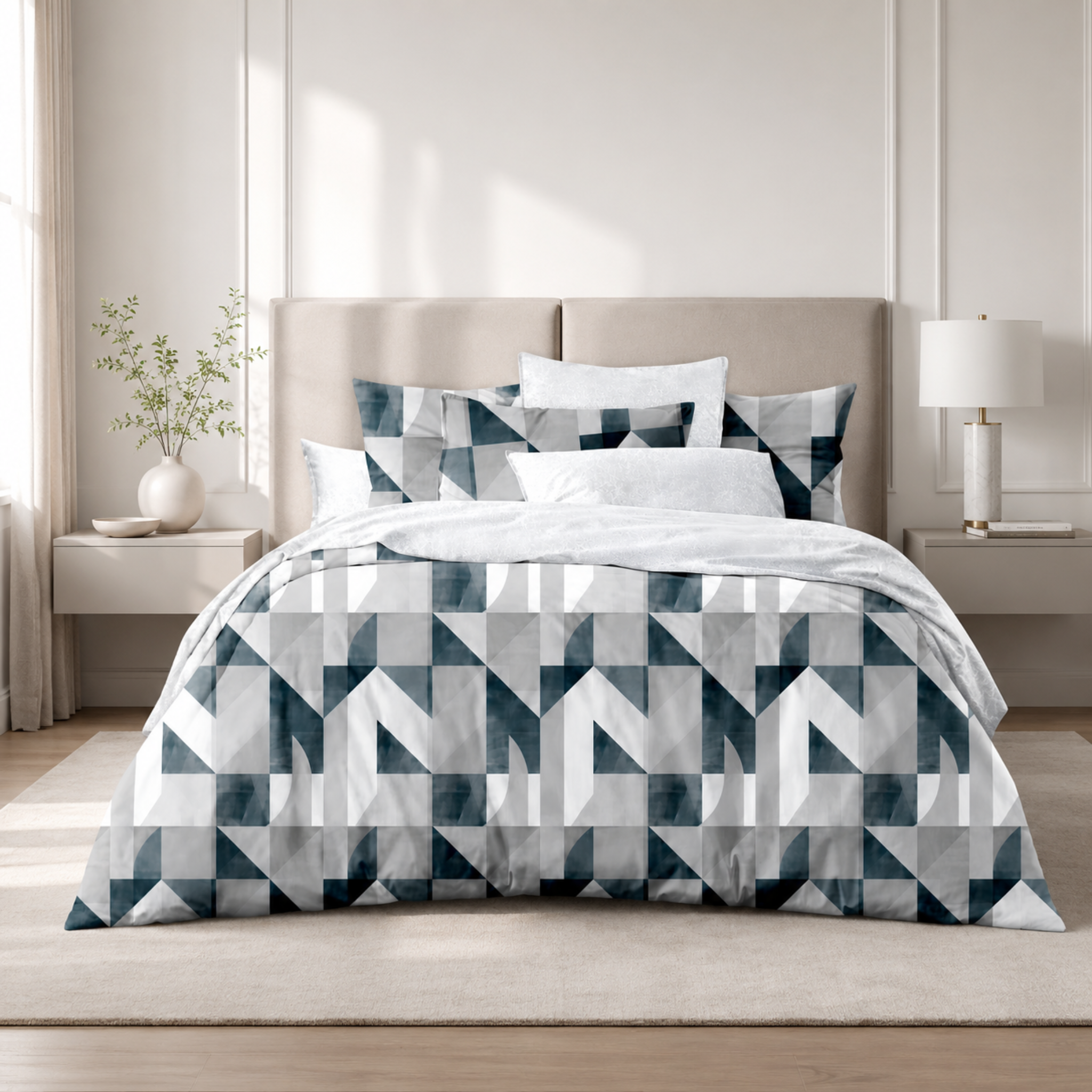 Ensemble Parure de Lit Satin Coton Motif Géométrique Bleu Pétrole | Fiolla Home