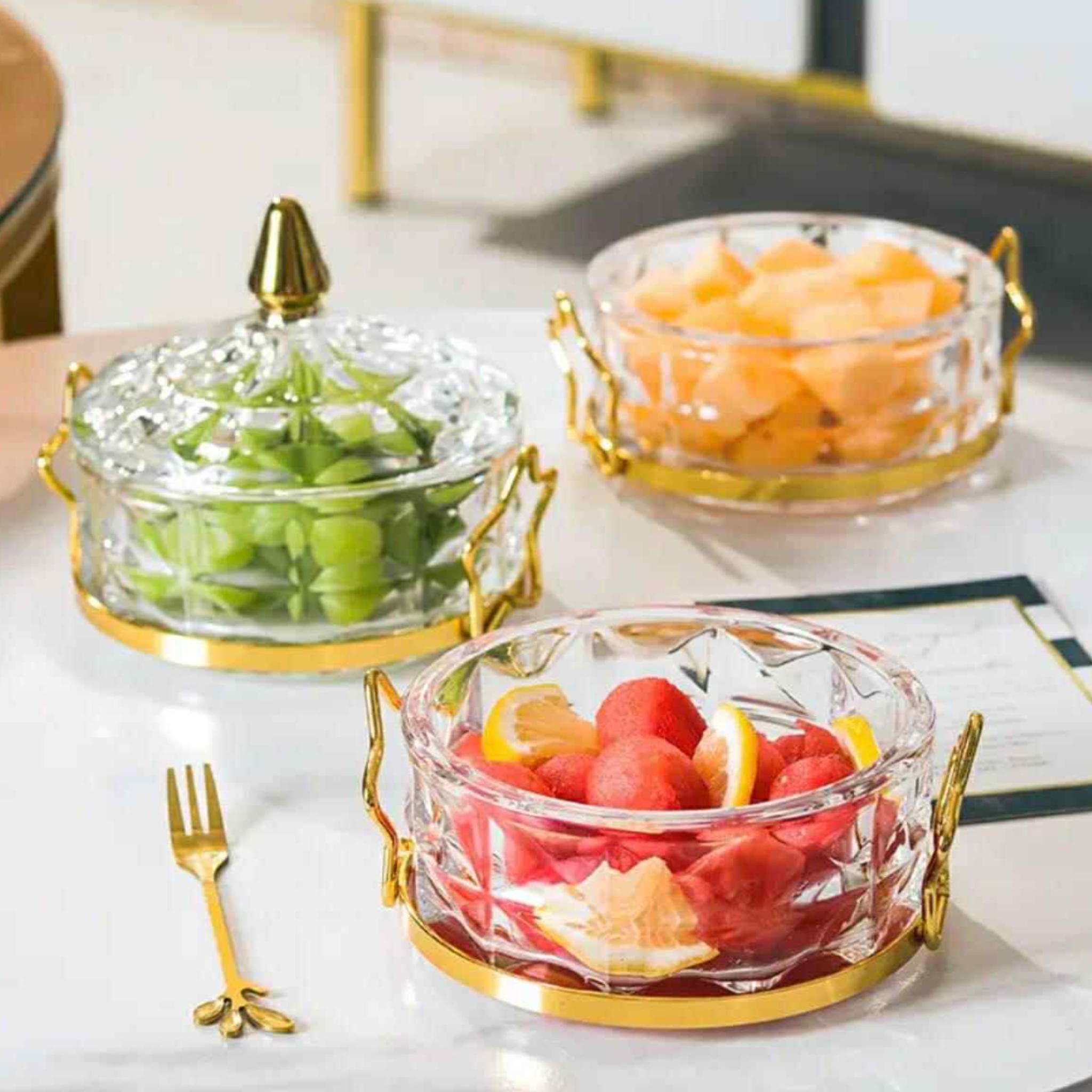 Bonbonnière 3 Niveaux Tunisie | Verre Ciselé, Étoiles Dorées | Fiolla Home