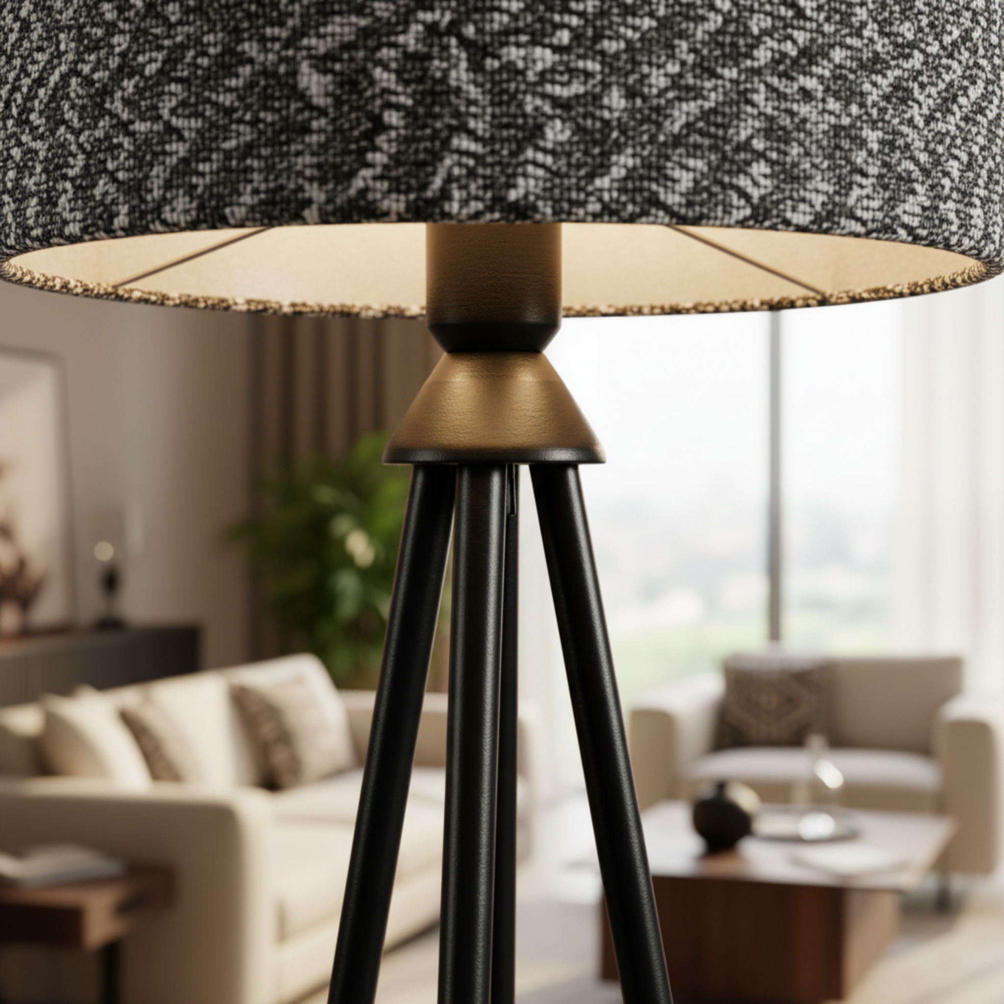 Lampadaire Trépied Métal Noir & Abat-Jour Chiné – Design Moderne