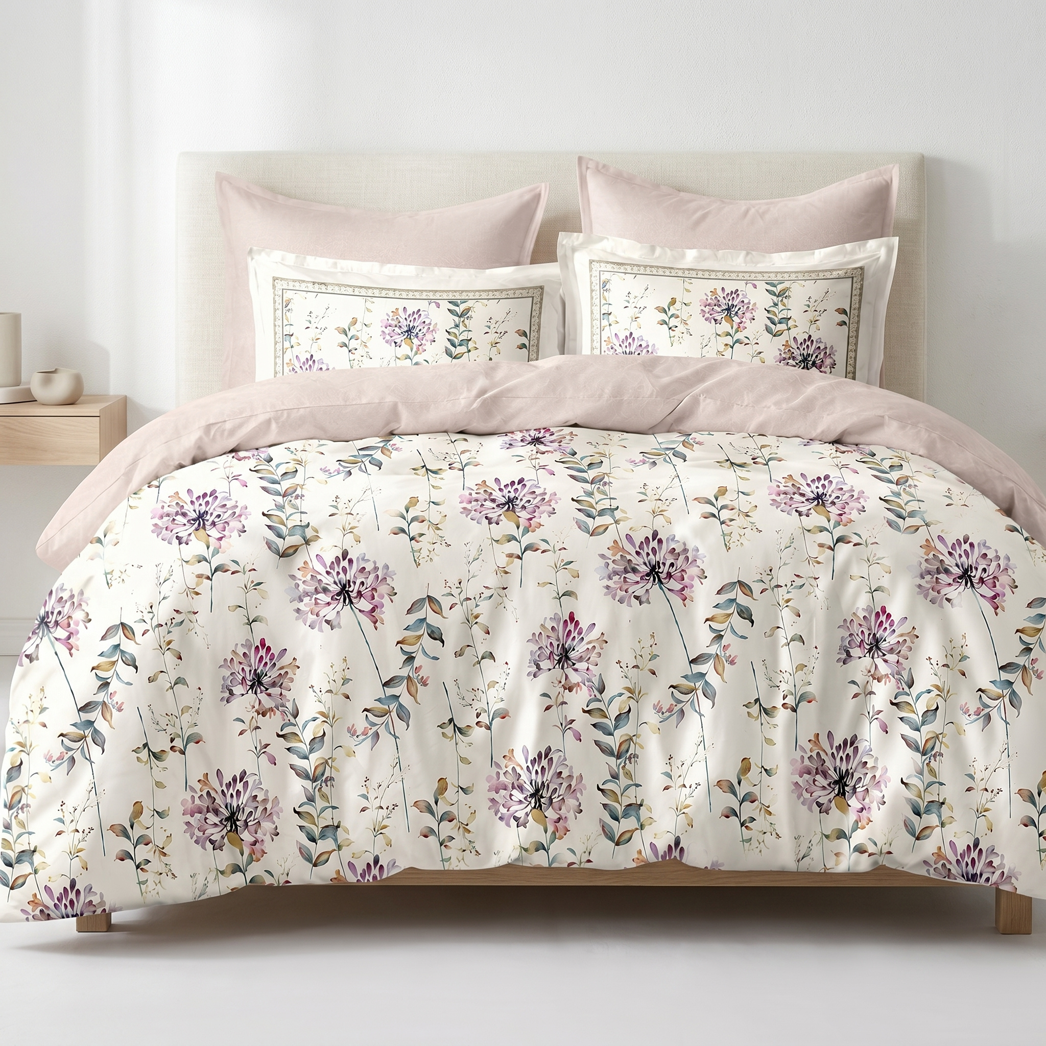 Ensemble Parure de Lit Satin Coton Floral Violet Aquarelle | Fiolla Home