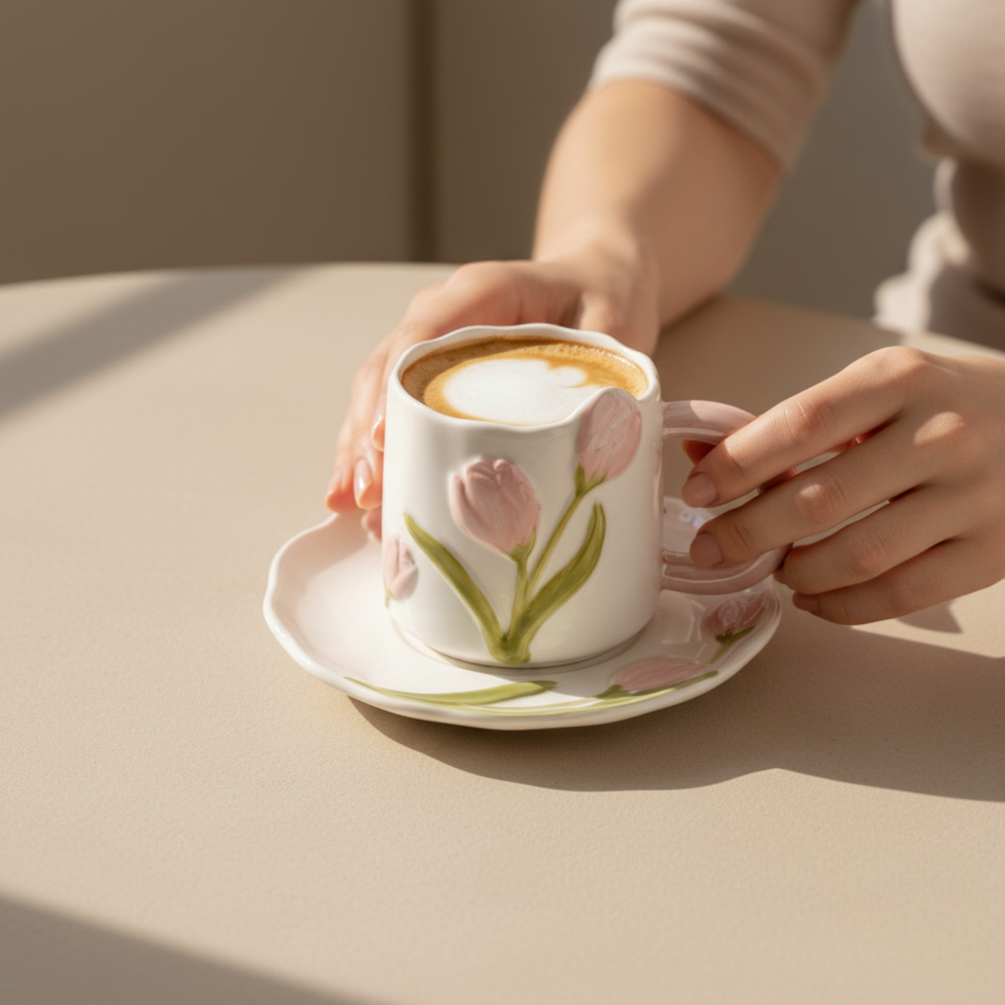 Mug Tulipe Rose en Céramique avec Sous-Tasse – Édition Élégante