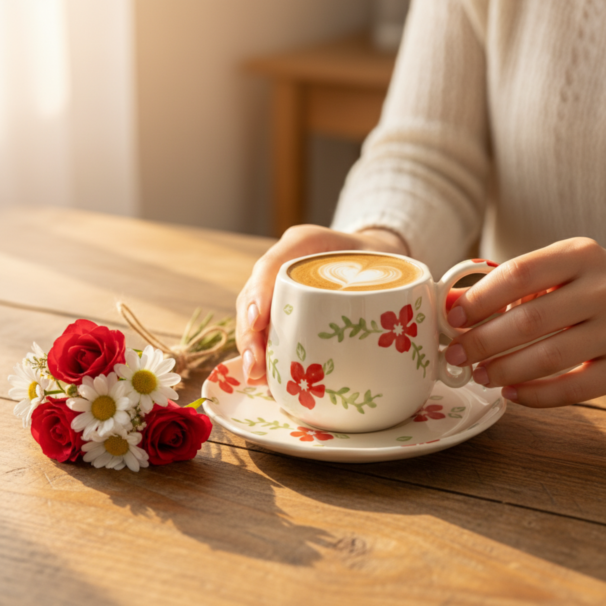 Tasse à Café en Céramique Motif Fleurs Rouges & Soucoupe – Design Chic