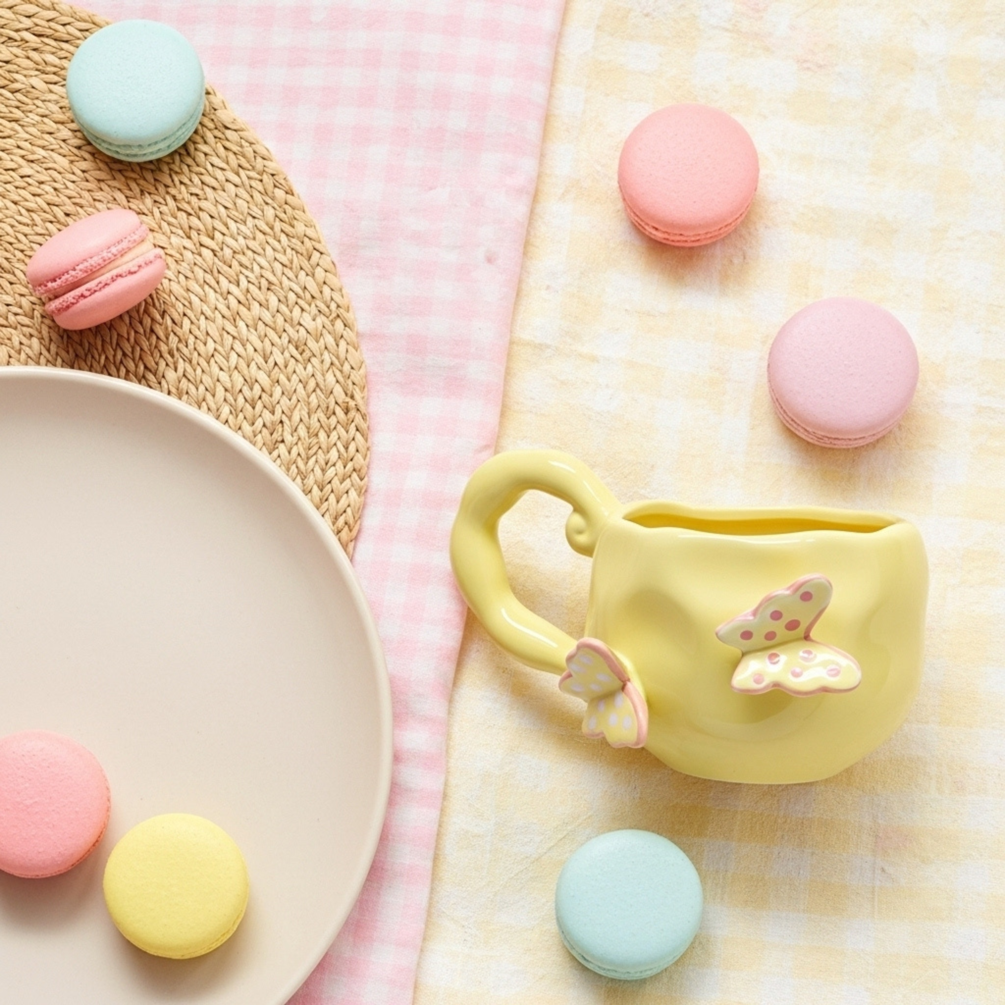 MugMug Céramique Papillons Jaune – Anse Sculptée | Fiolla Home Tunisie