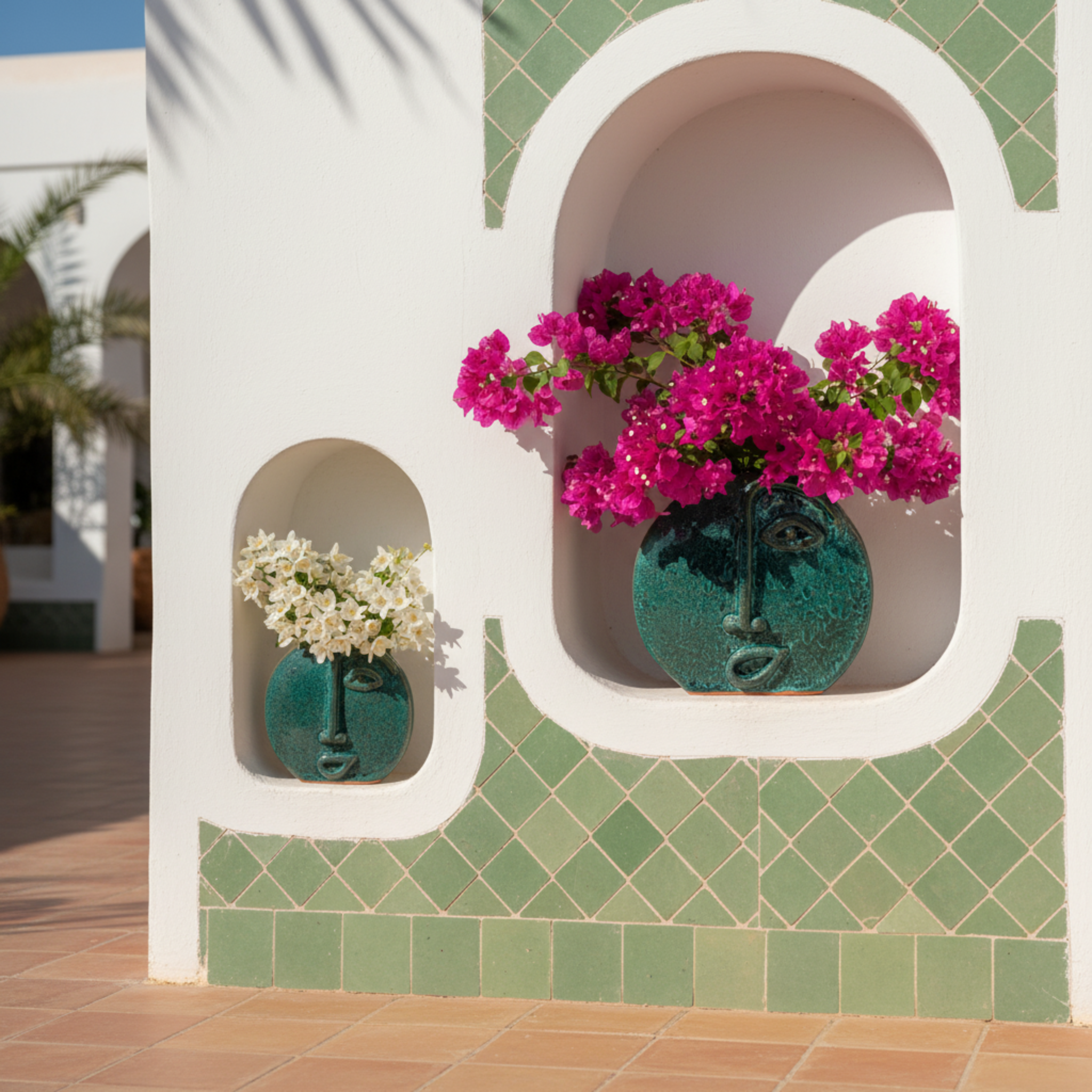 Vase Visage en Céramique Émeraude – Style Tunisien