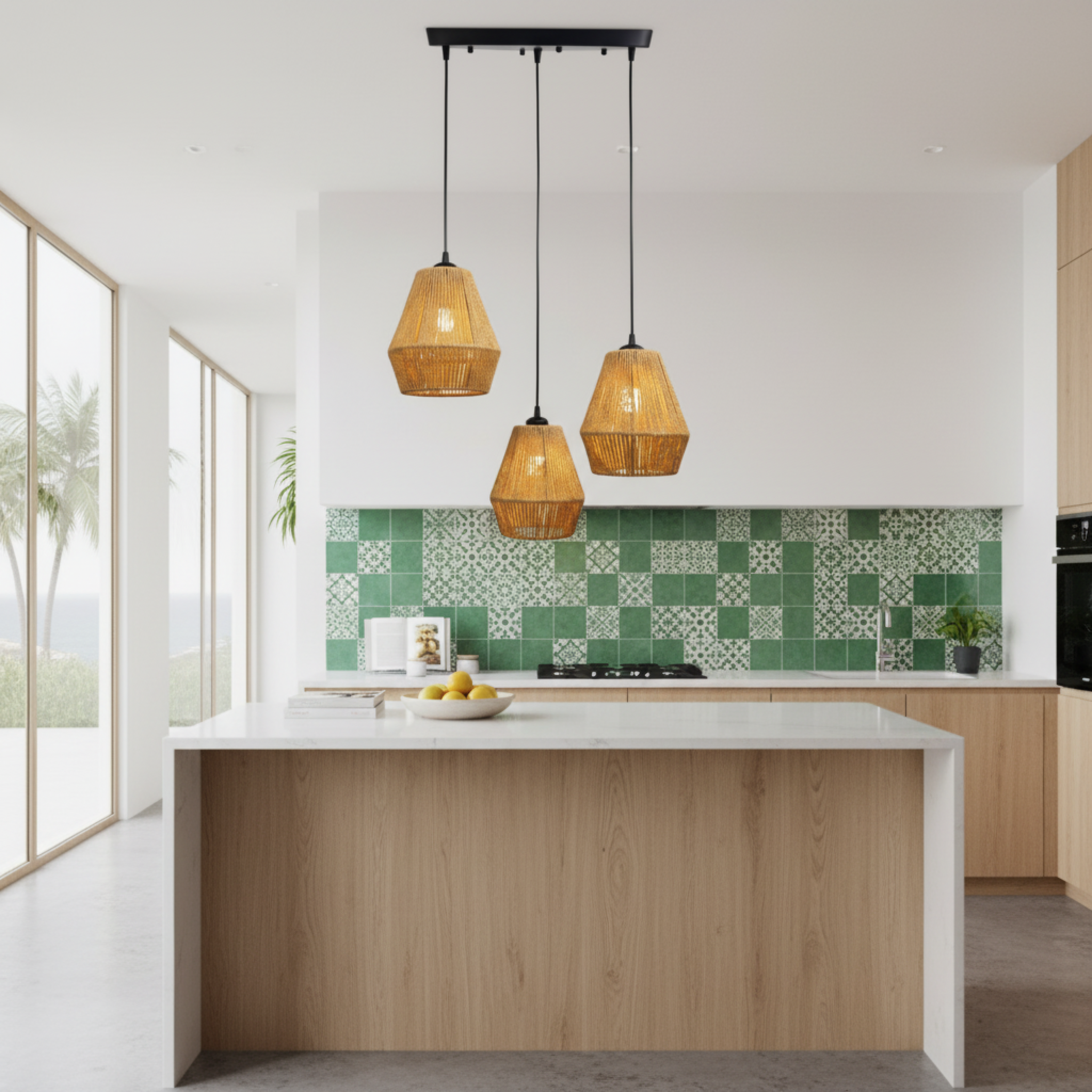 Suspension Barre 3 Lampes "Trio" – Lustre en Jute Tressé pour Îlot