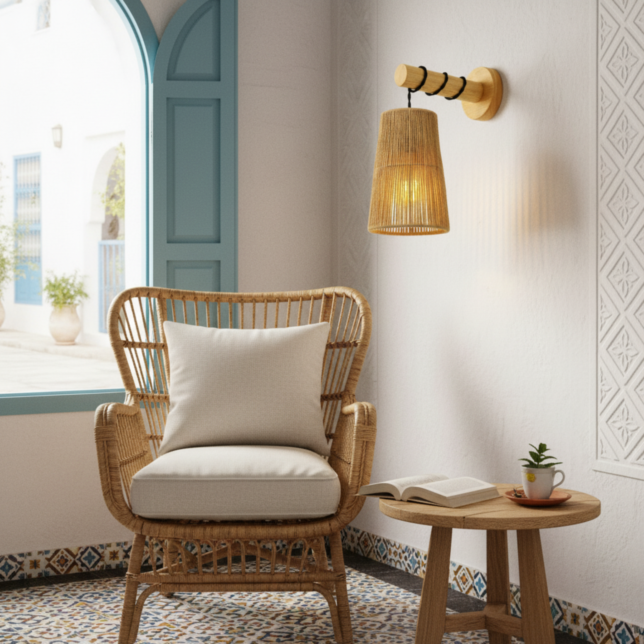 Applique Murale "Safa" – Baladeuse Scandi-Boho en Bois et Jute Tressé