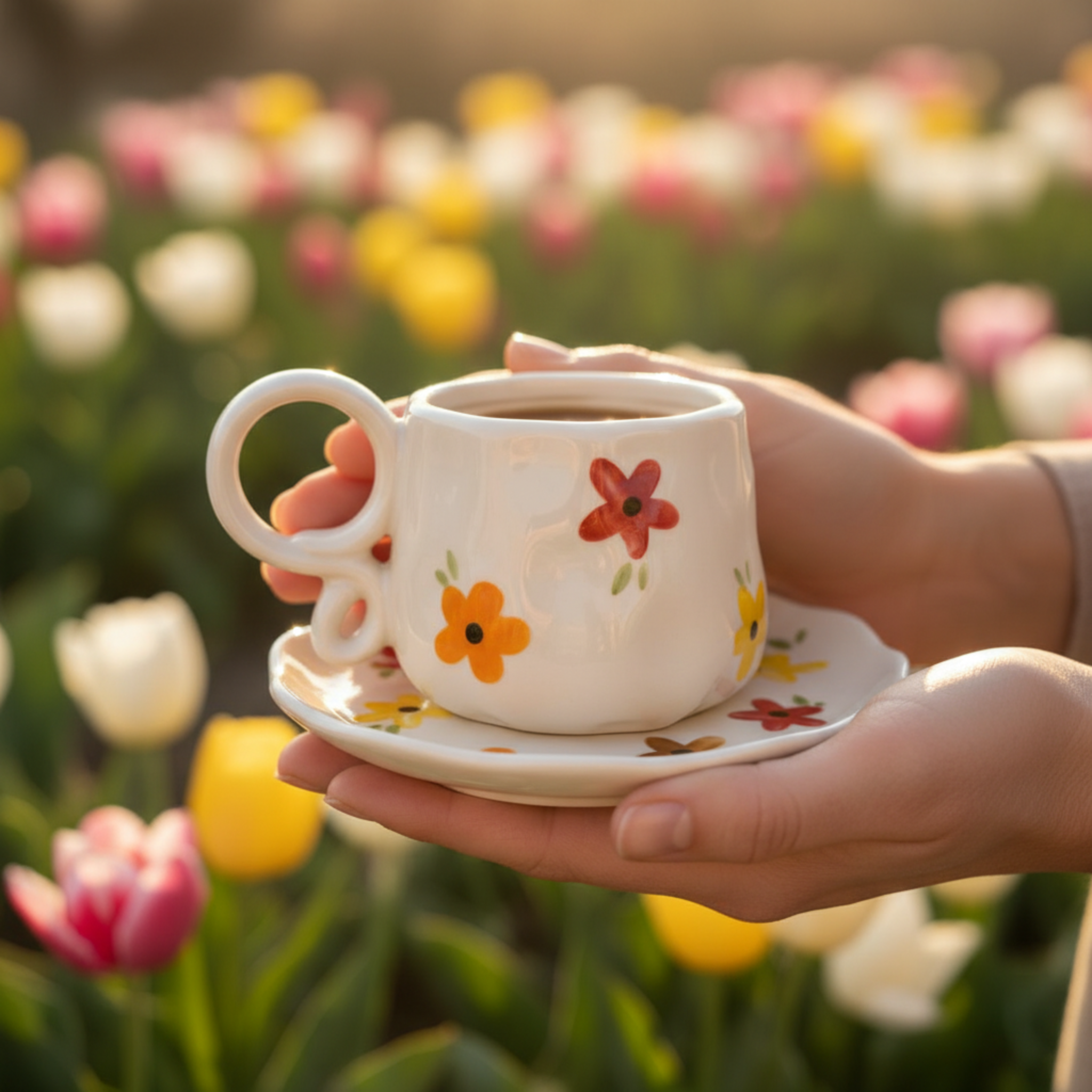 Tasse Céramique "Spring" — Mug Fleuri avec Anse Nouée Tendance