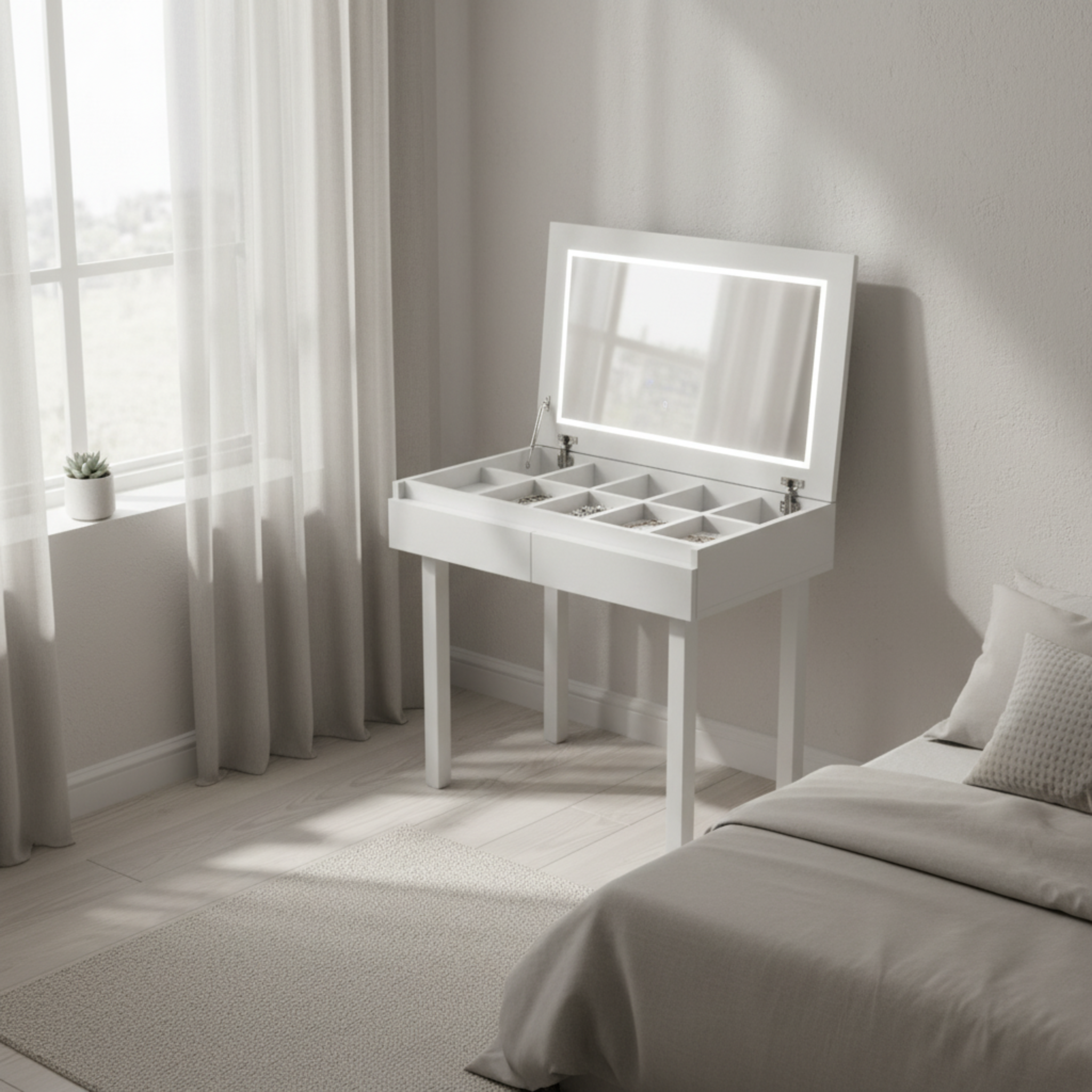 Coiffeuse Bureau 2-en-1 : Miroir LED & Rangement Spacieux - Blanc