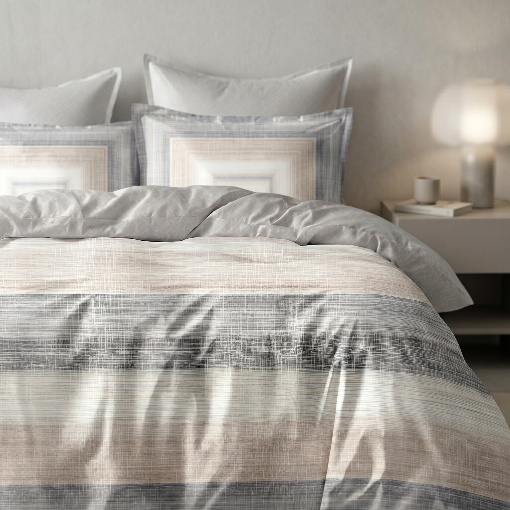 Ensemble Parure de Lit Satin Coton Rayures Texturées Gris Beige | Fiolla Home