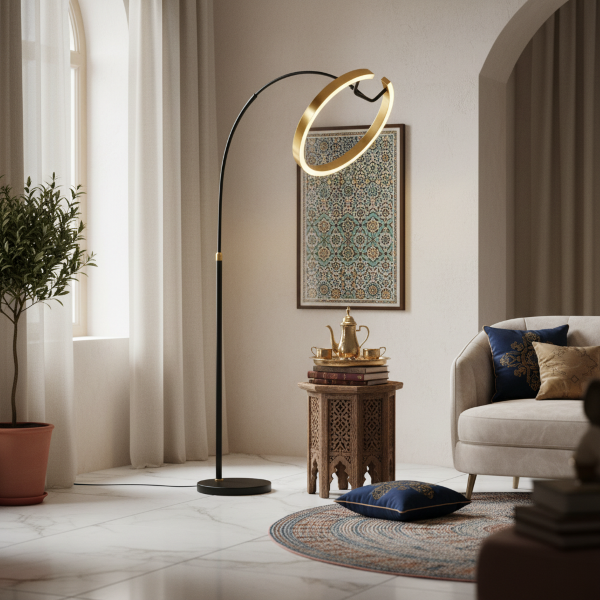 Lampadaire LED Anneau Doré Design Moderne – Éclairage Élégant