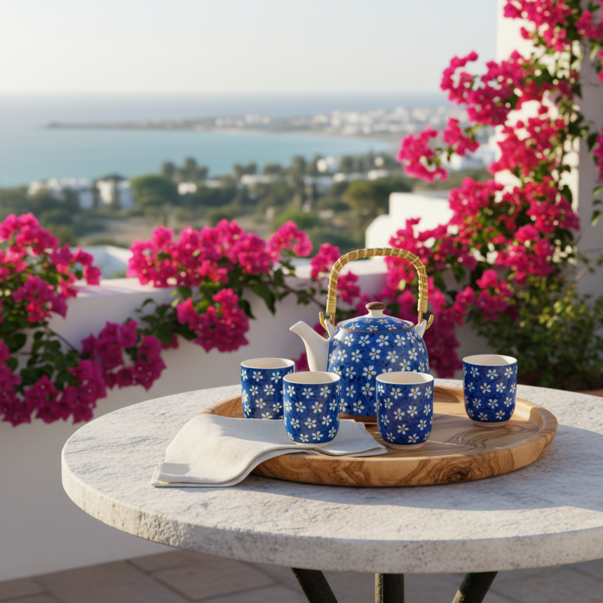 Service à Thé Bleu à Fleurs – Céramique 7 pièces Tunisie