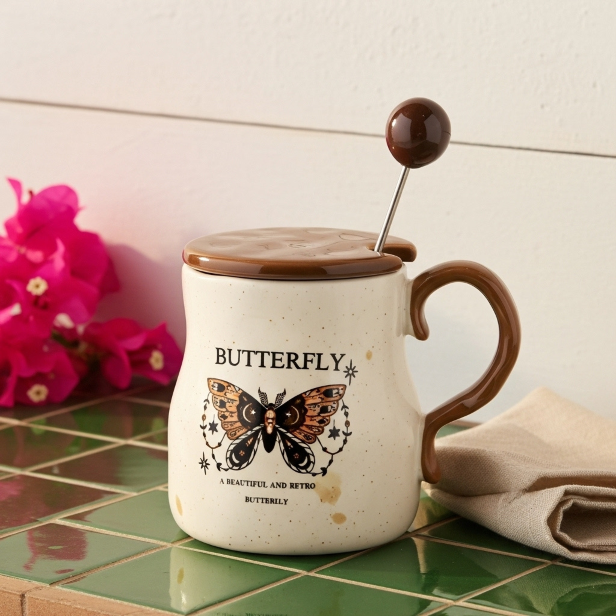 Mug Butterfly Rétro en Céramique – Couvercle & Cuillère