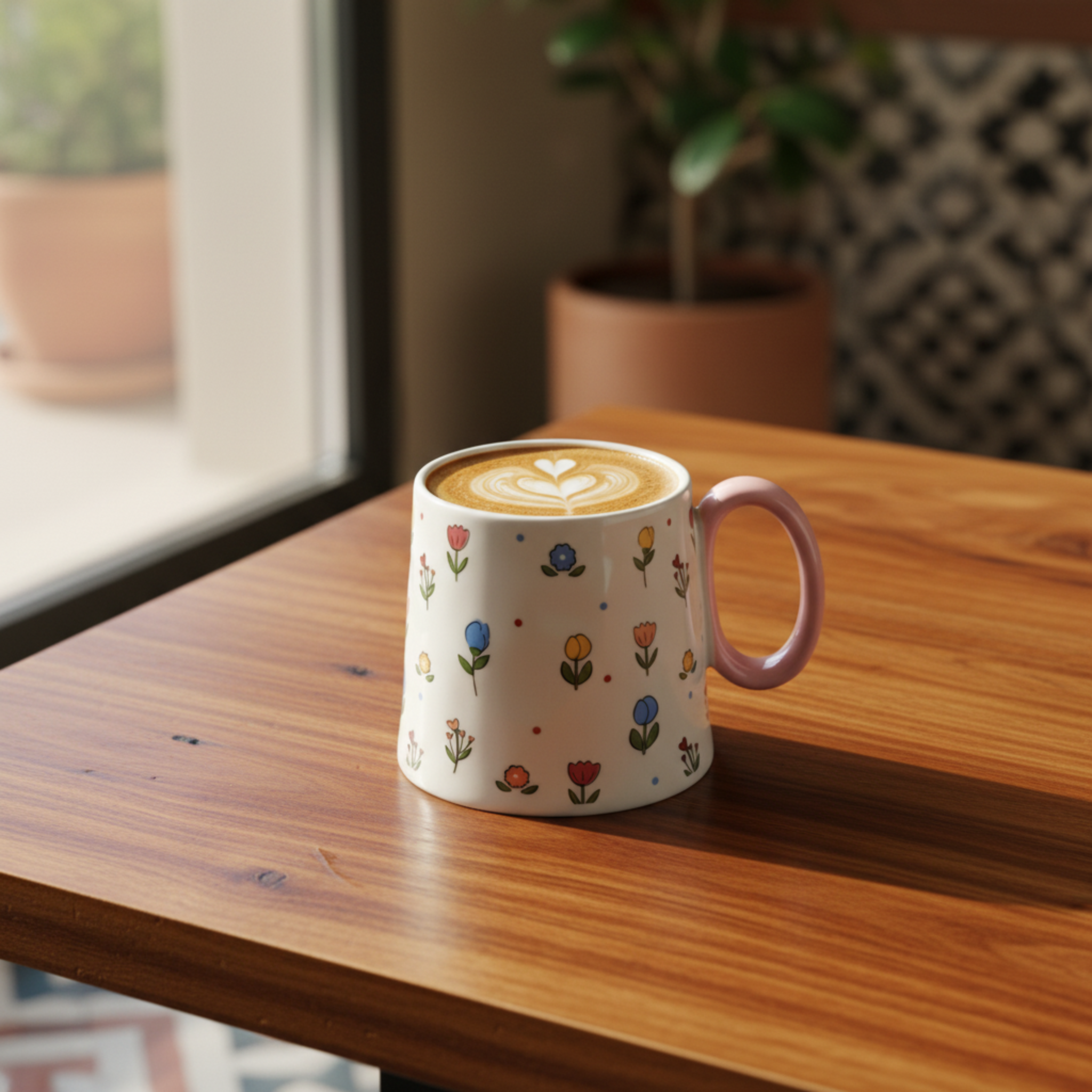 Mug Céramique "Printemps Fleuri" – Tasse Design Floral & Anse Rose