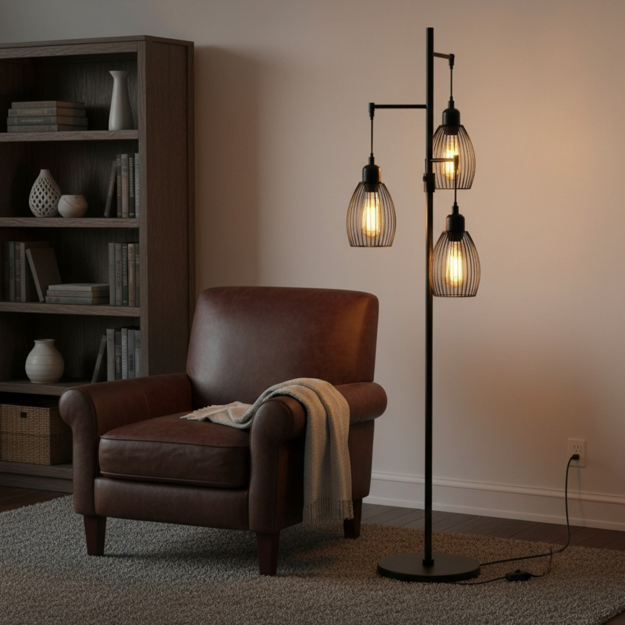 Lampadaire métal noir Tunisie | 3 abat-jours cage, LED | Fiolla Home