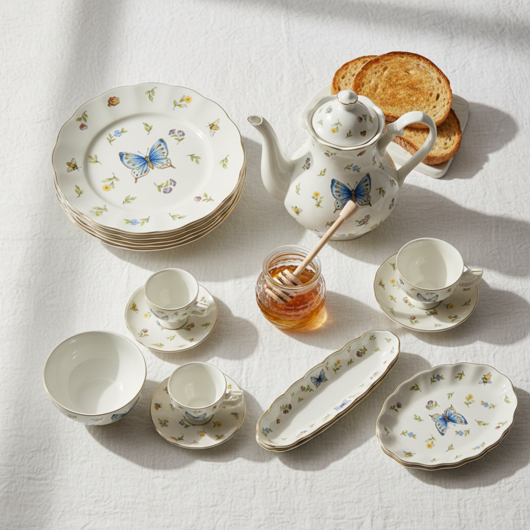Service Petit Déjeuner Complet 29 Pièces - Porcelaine Motif Papillon