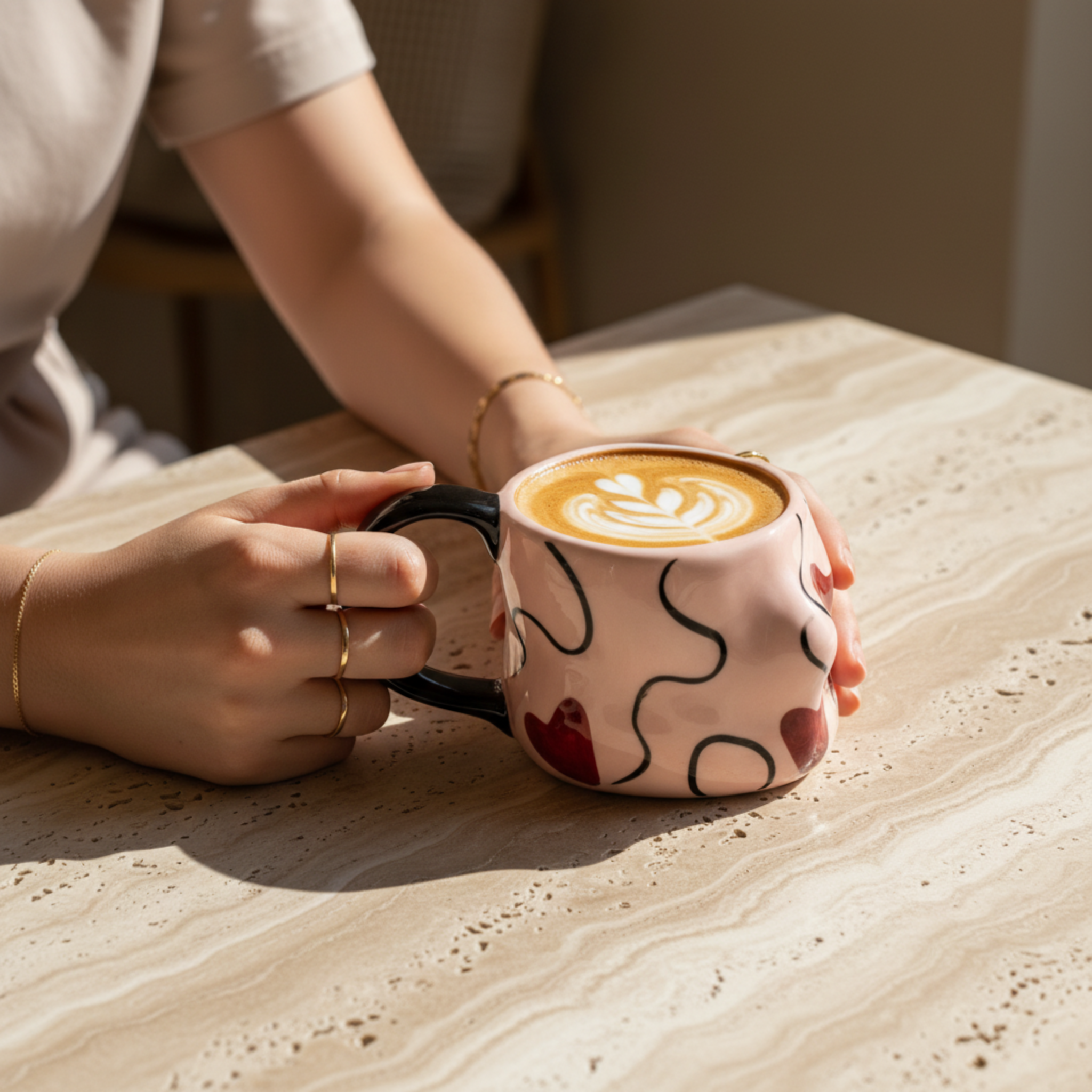 Mug Rose à Cœurs en Céramique – Anse Noire, Design Moderne Tunisie