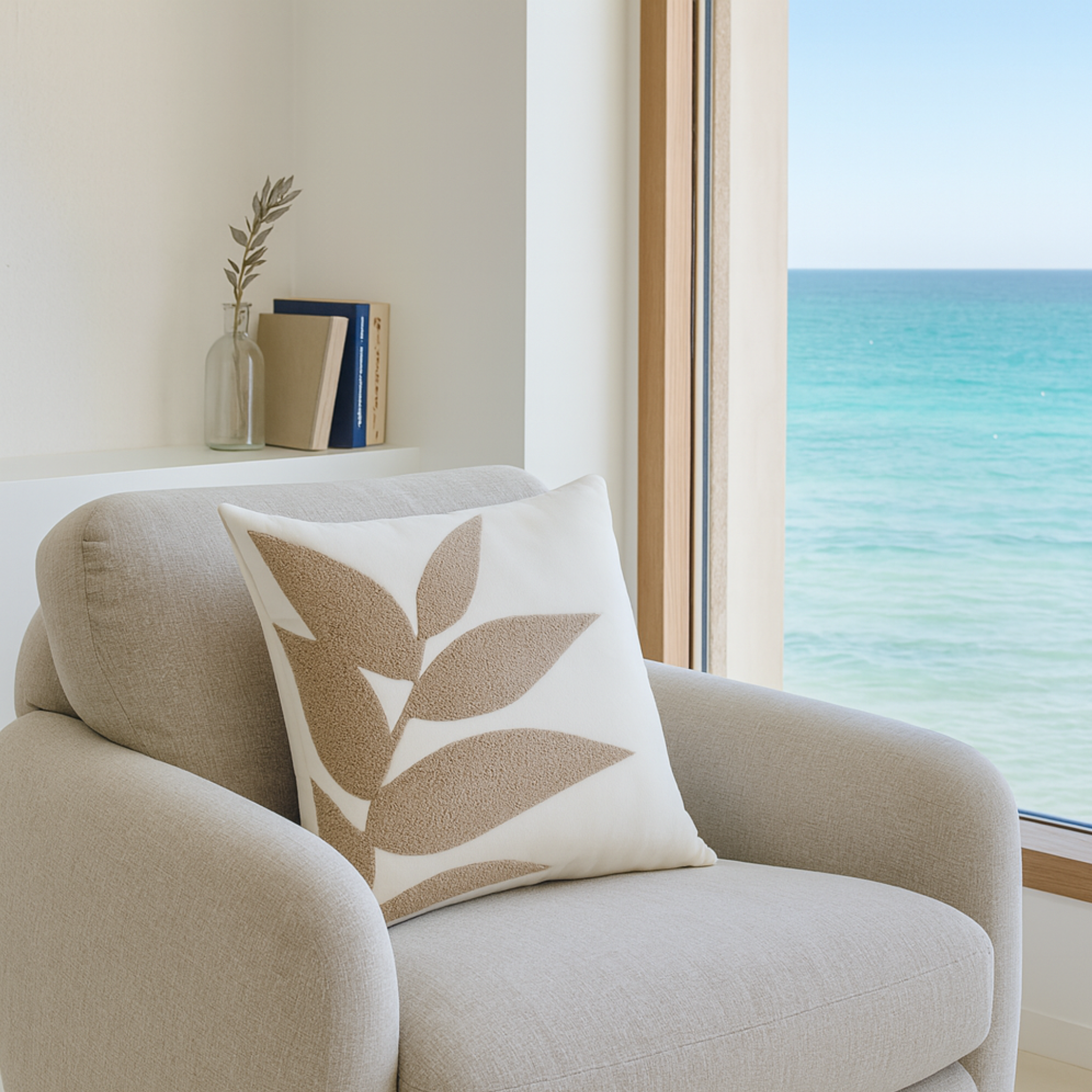 Coussin Décoratif Tunisie – Motif Feuille Beige | Fiolla Home