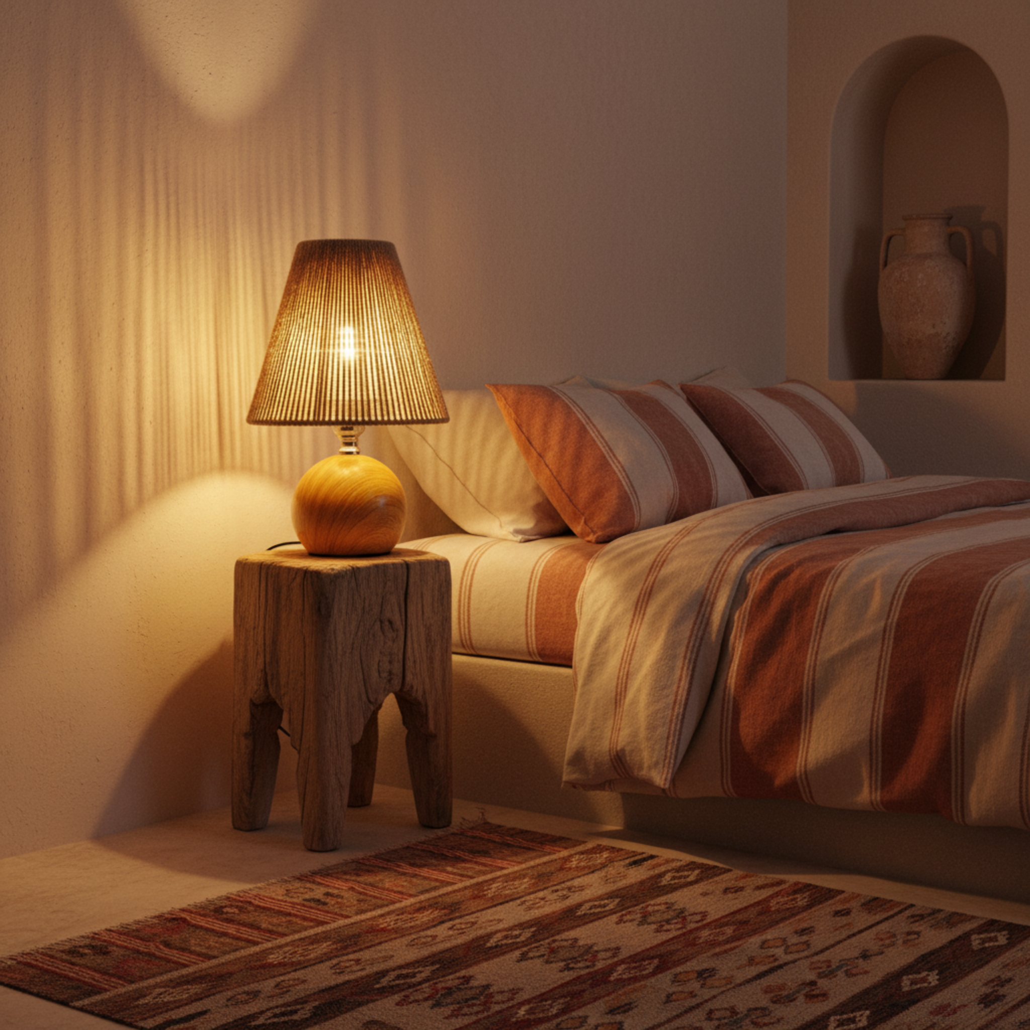 Lampe de Chevet Bohème Bois & Corde – Lumière Douce Tunisie