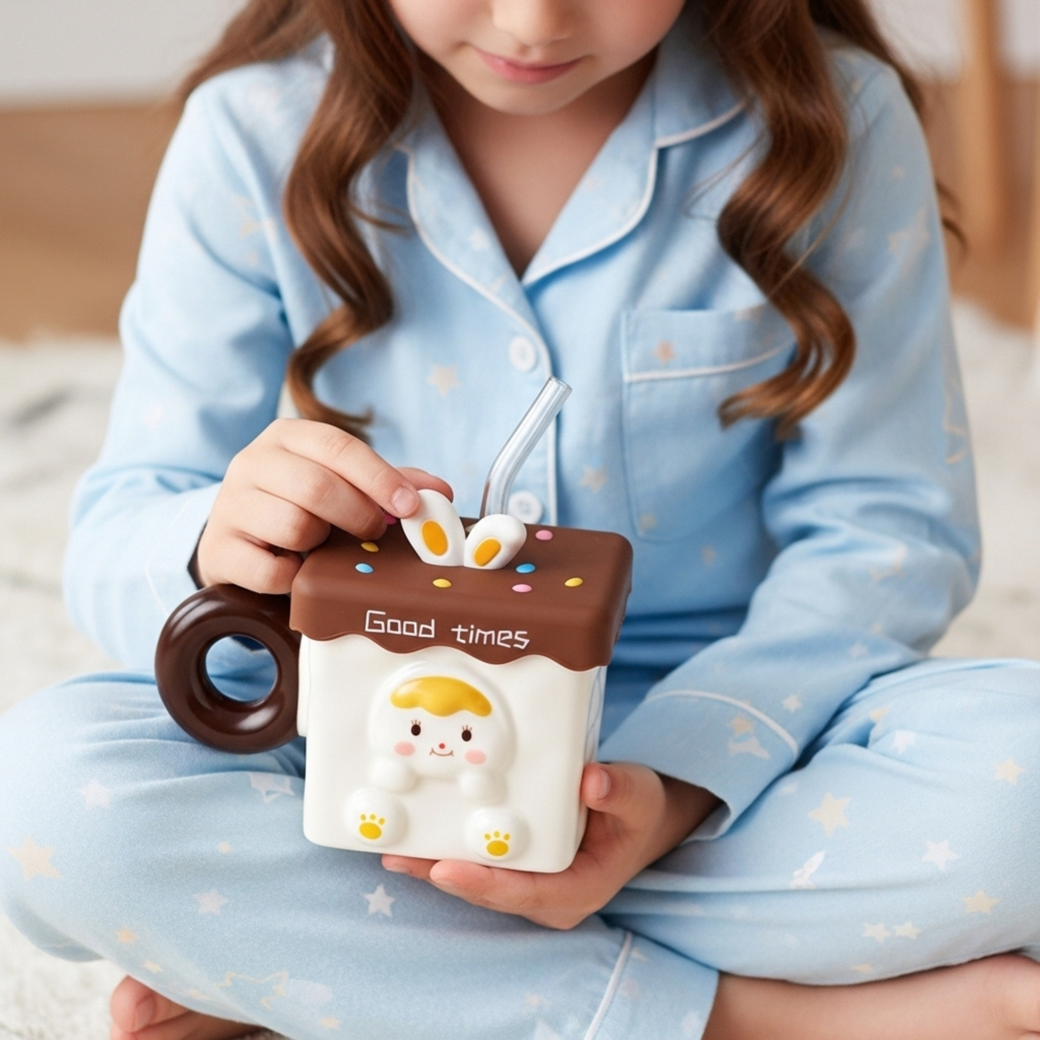 Mug carré “Good times” chocolat – Couvercle + paille | Fiolla Home