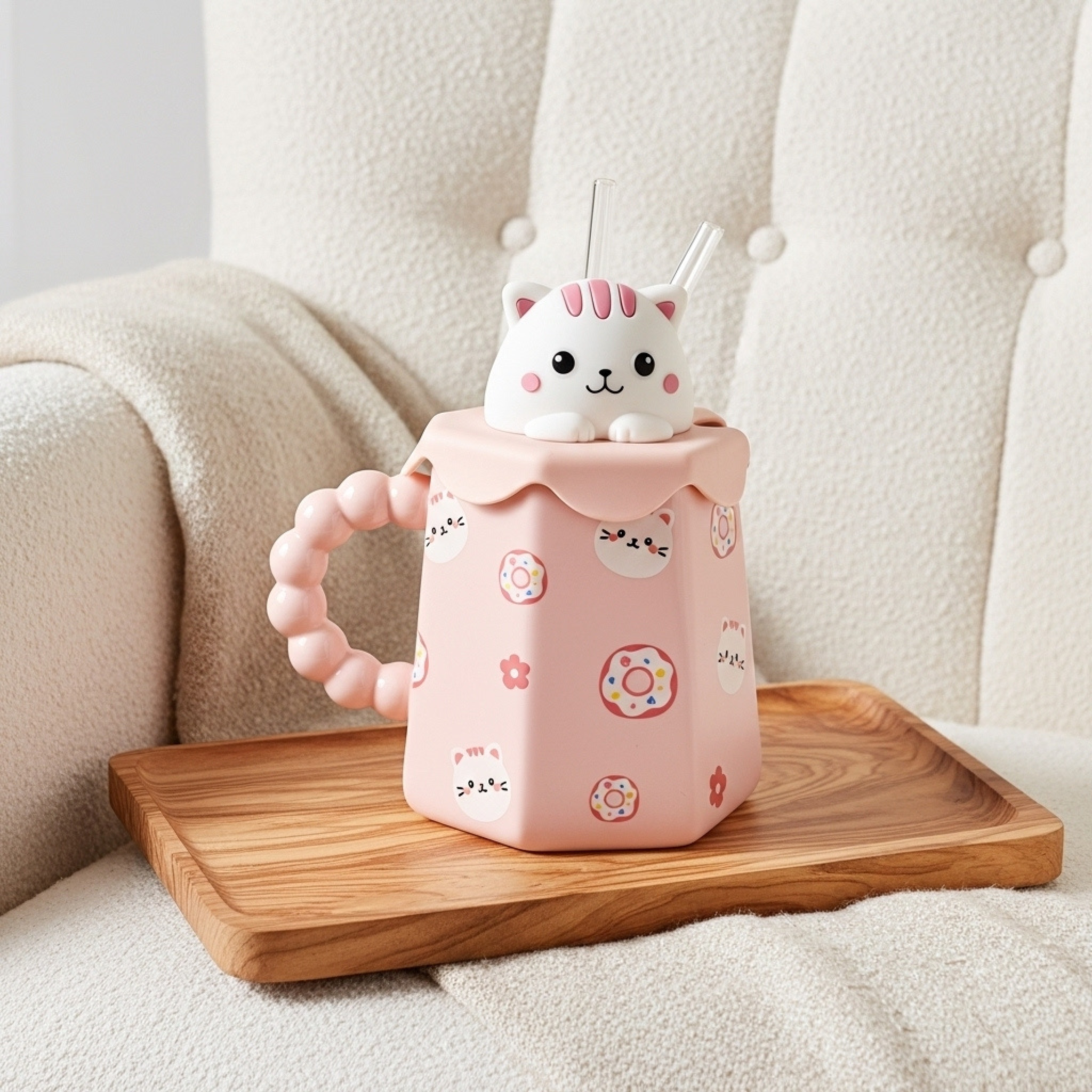 Mug Chat Rose avec Paille – Couvercle 3D & Poignée Perlée