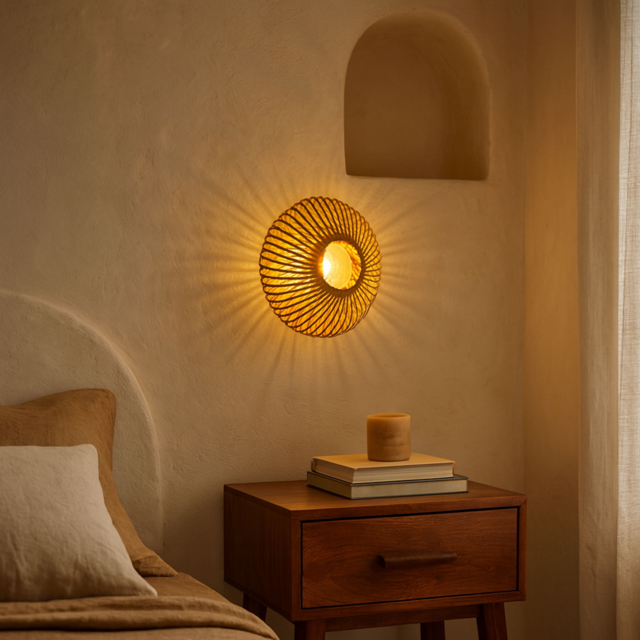 Applique murale en rotin faite main – Artisanat tunisien | Éclairage décoratif naturel