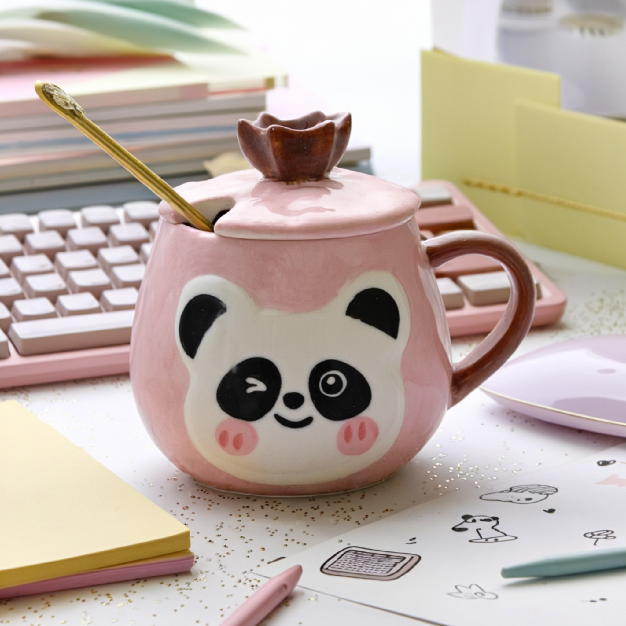 Mug Panda Kawaii | Couvercle Fleur & Cuillère Dorée | Fiolla Home