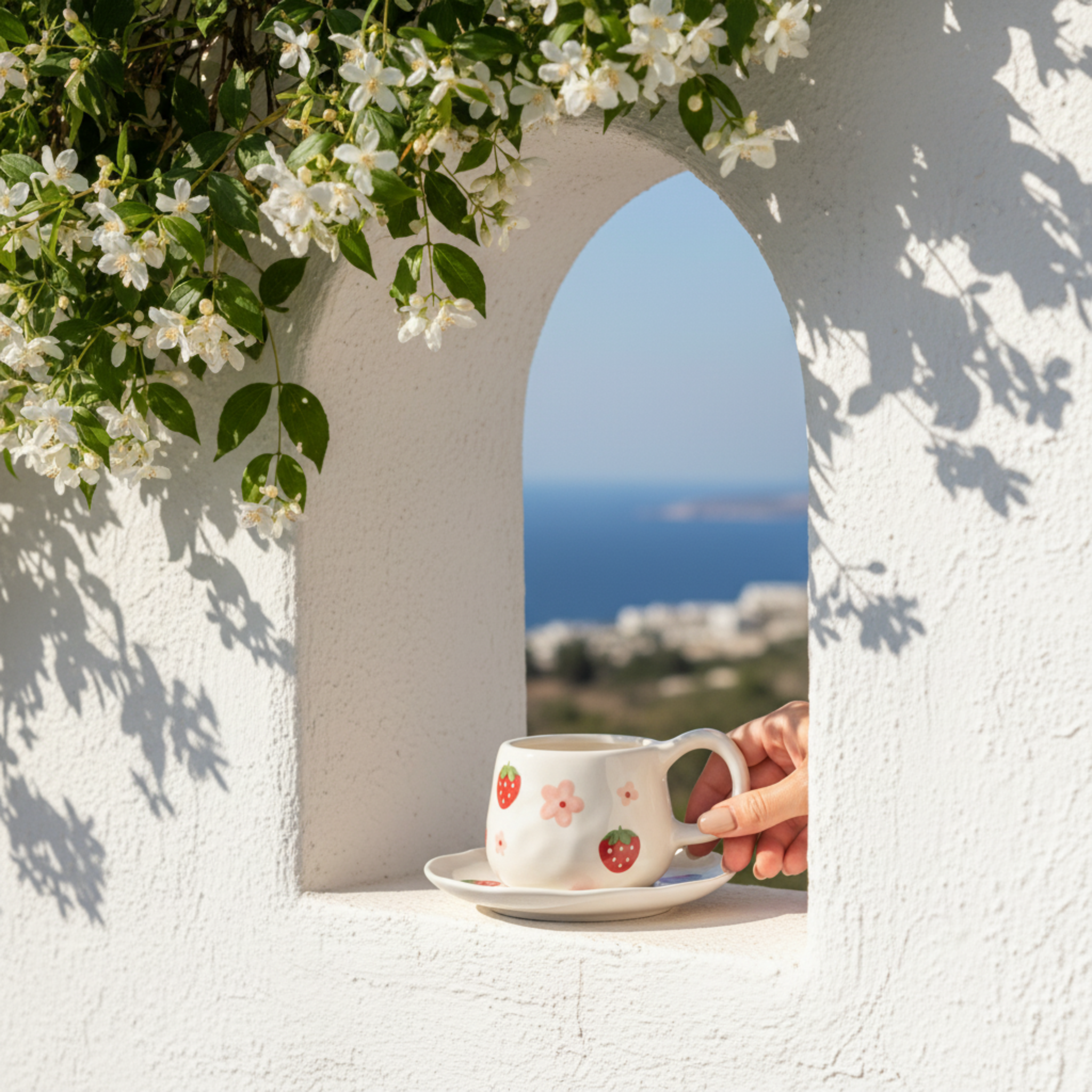 Tasse Céramique Motif Fraise & Soucoupe – Design Floral Tendance