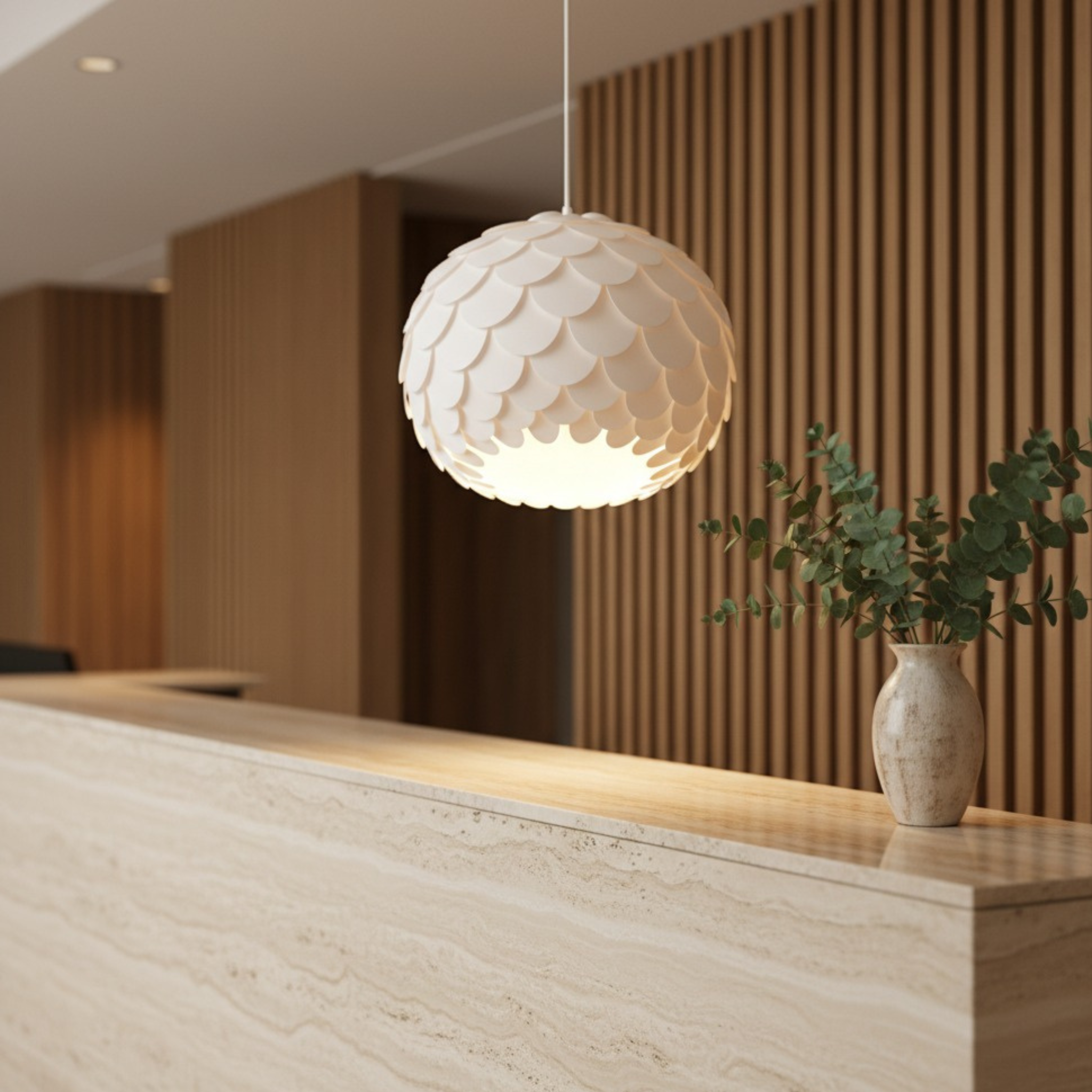 Lustre écaille blanc | Suspension sphérique design | Fiolla Home