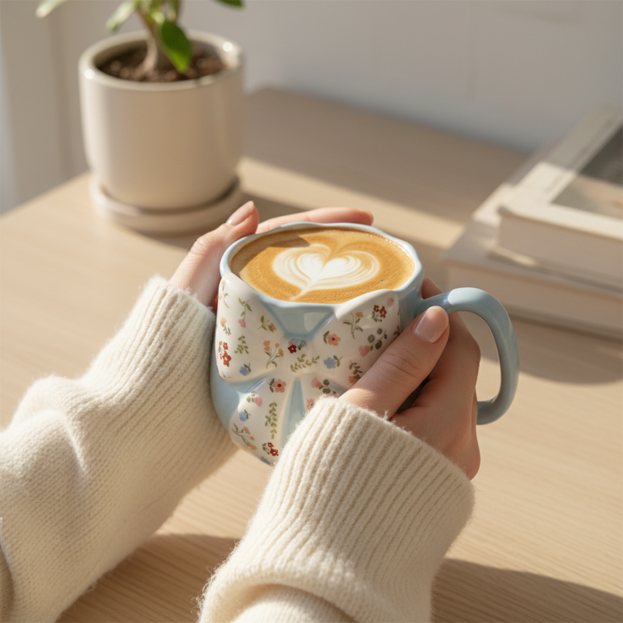Mug Céramique Bleu Pastel & Nœud Floral – Tasse "Coquette" Tendance