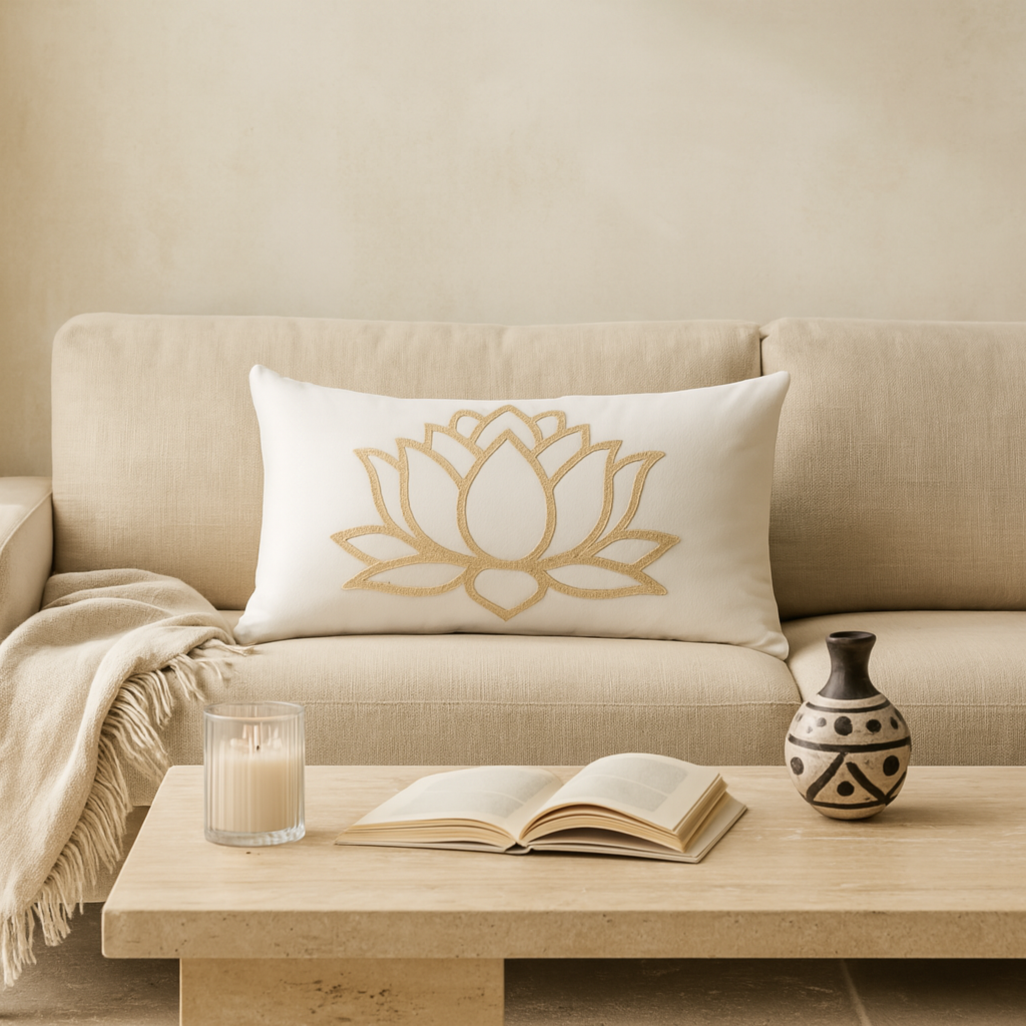 Coussin Rectangulaire Lotus Beige – Élégance Zen | Fiolla Home Tunisie