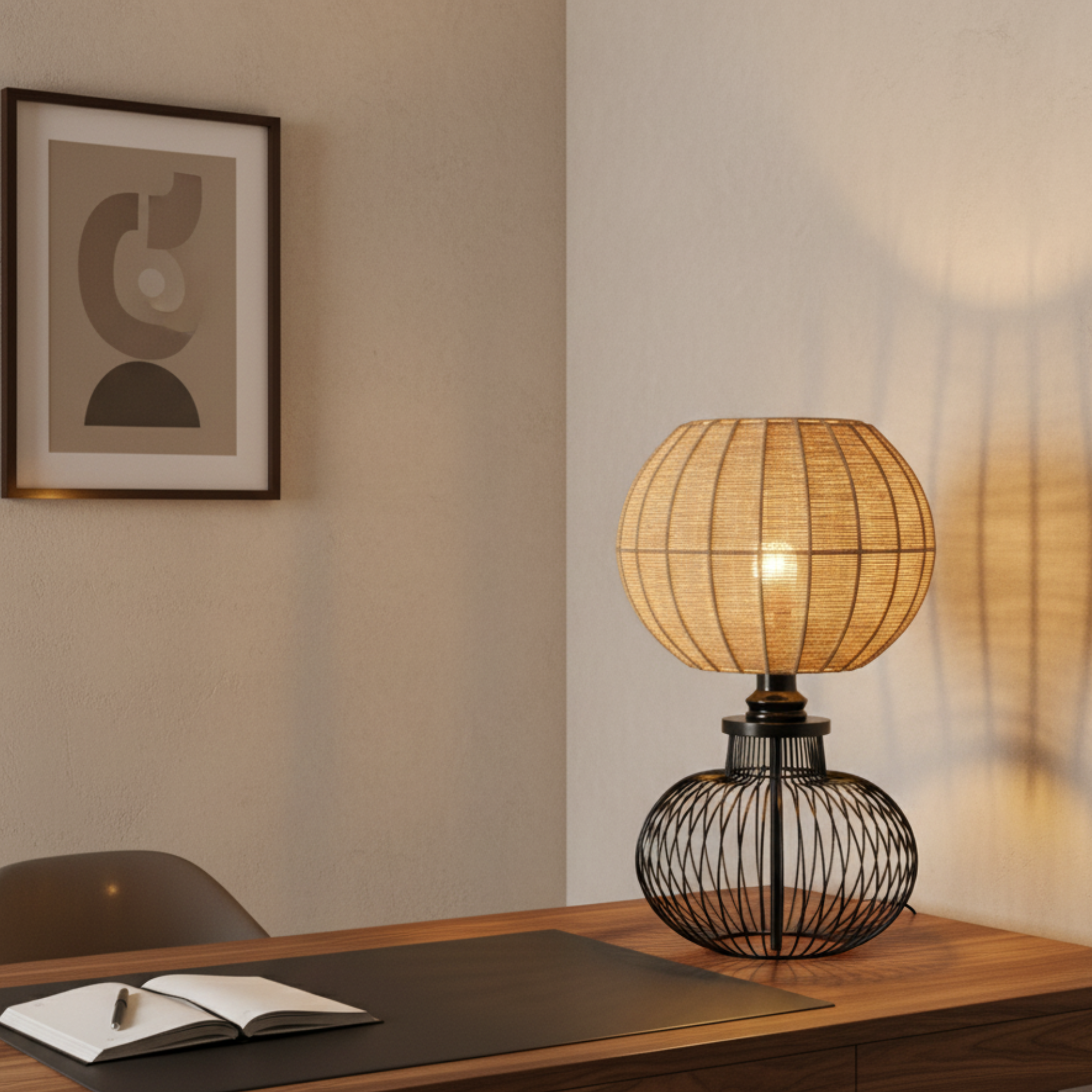 Lampe de Table Tête Jute Handmade | Base Métal Noir | Tunisie