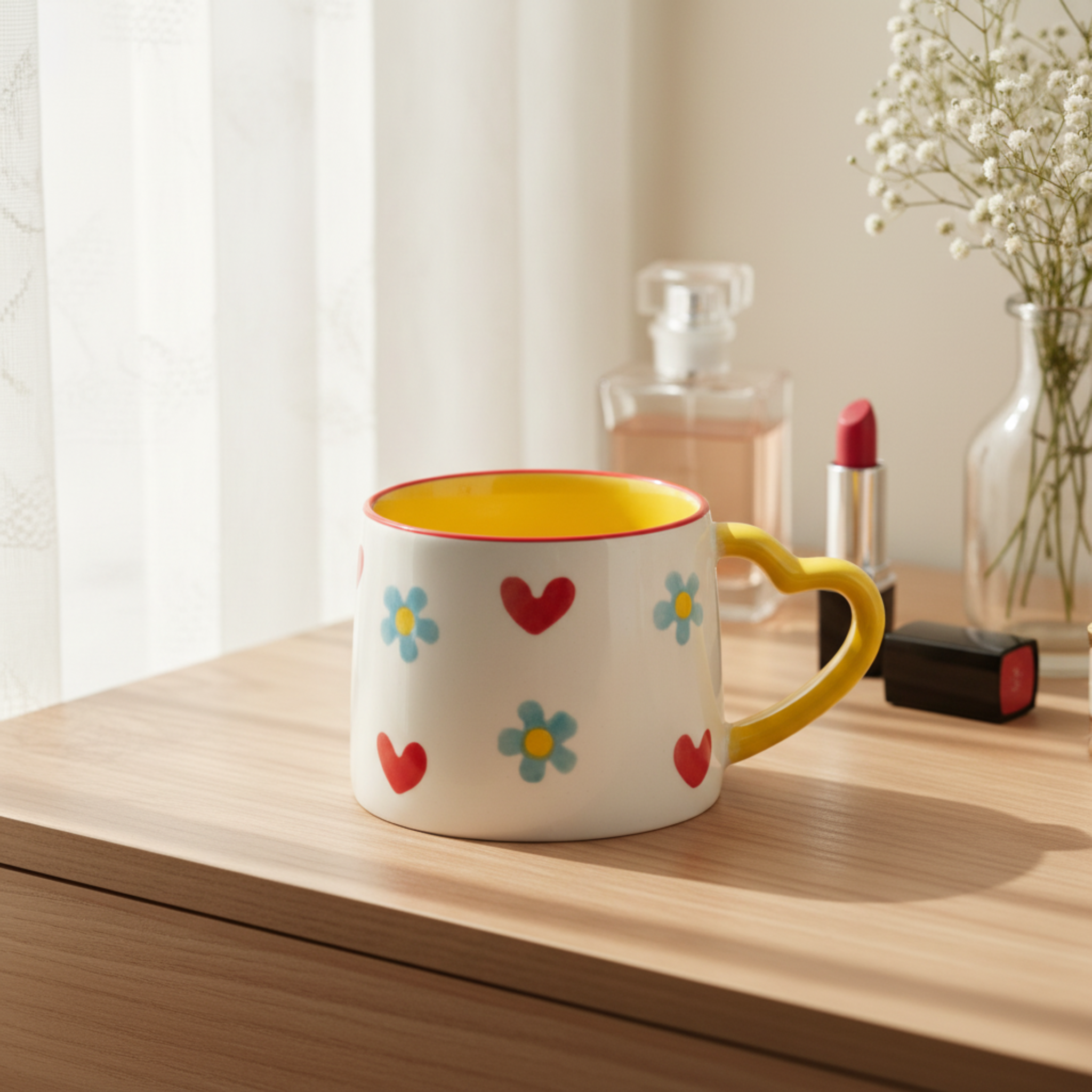 Mug Cœurs et Fleurs | Anse Jaune en Forme de Cœur