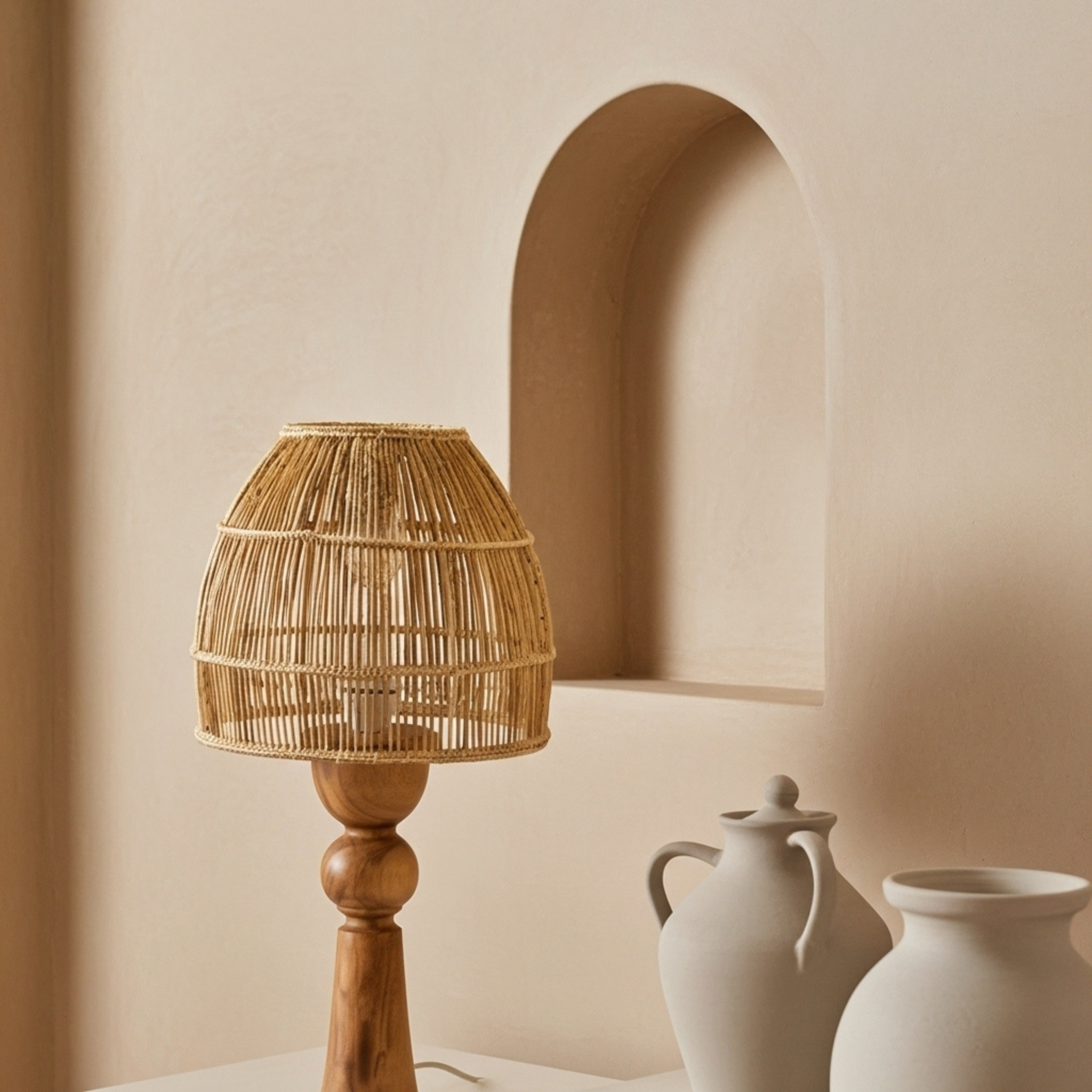 Lampe de table artisanale – base en bois d’olivier & abat-jour en fibres de palmier