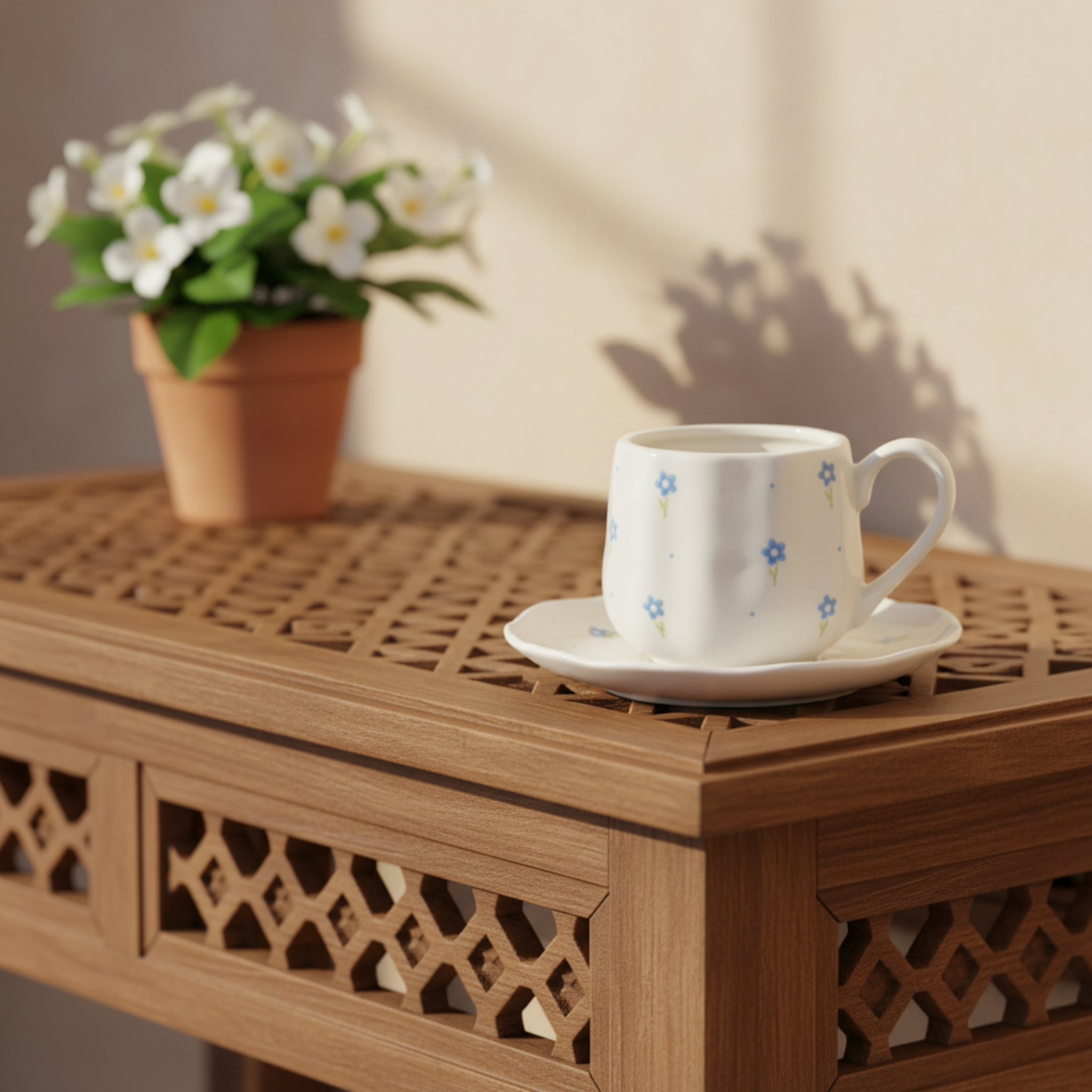 Tasse Céramique Fleurs Bleues & Soucoupe – Design Poétique & Chic