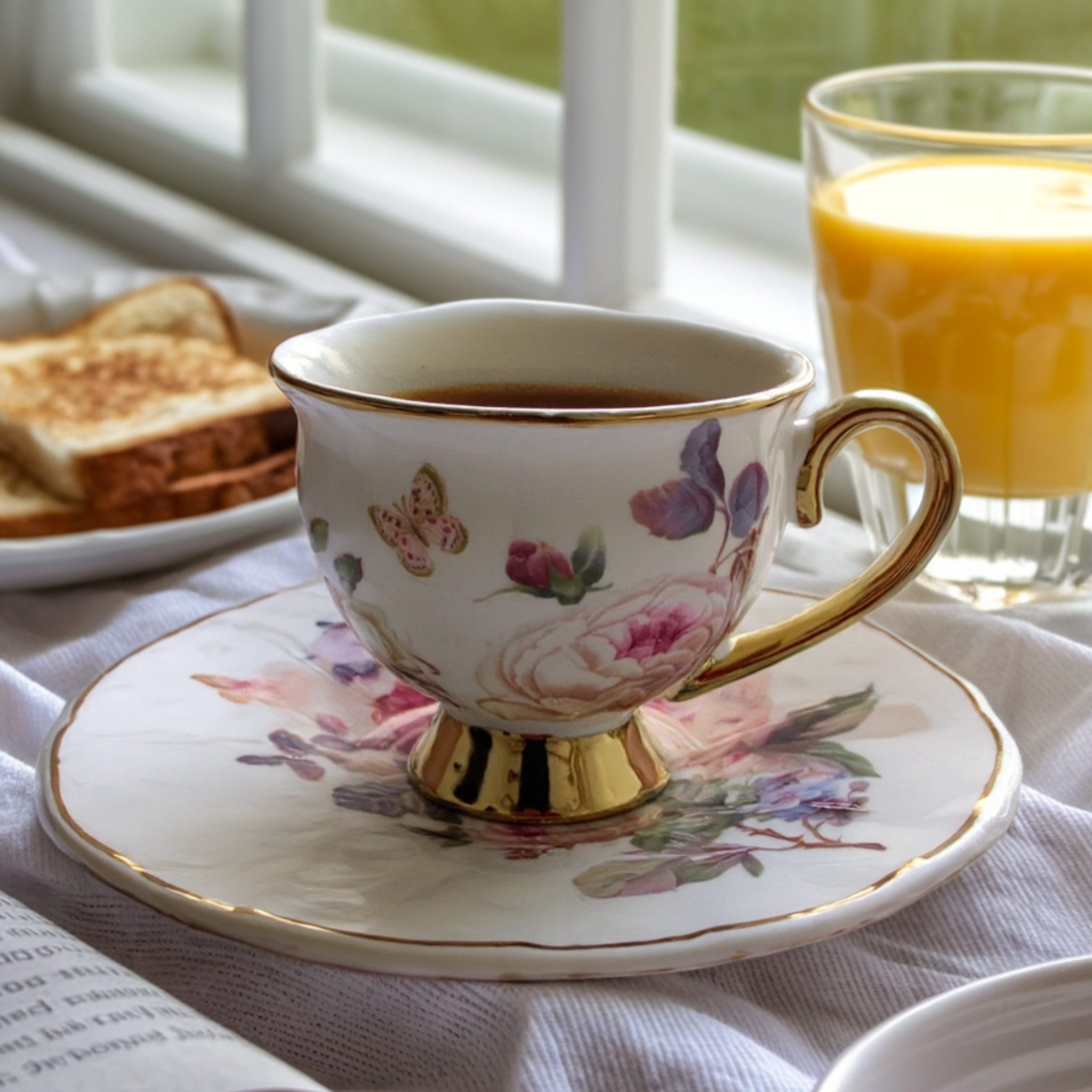 Service café noir en Porcelaine Fleurie | Élégance Dorée | Fiolla Home