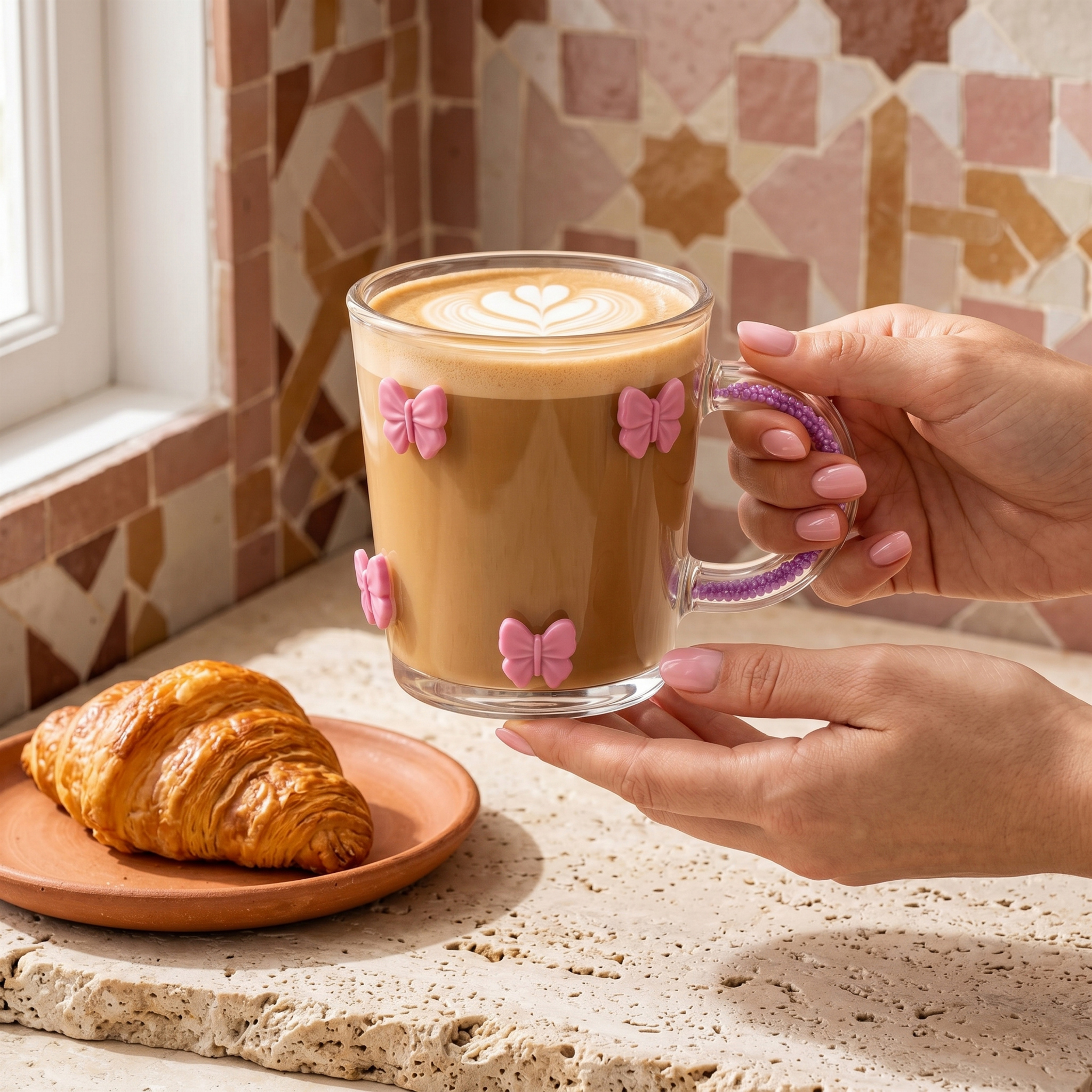 Mug Verre Papillons Roses Tunisie | Tasse Anse Cristal | Fiolla Home