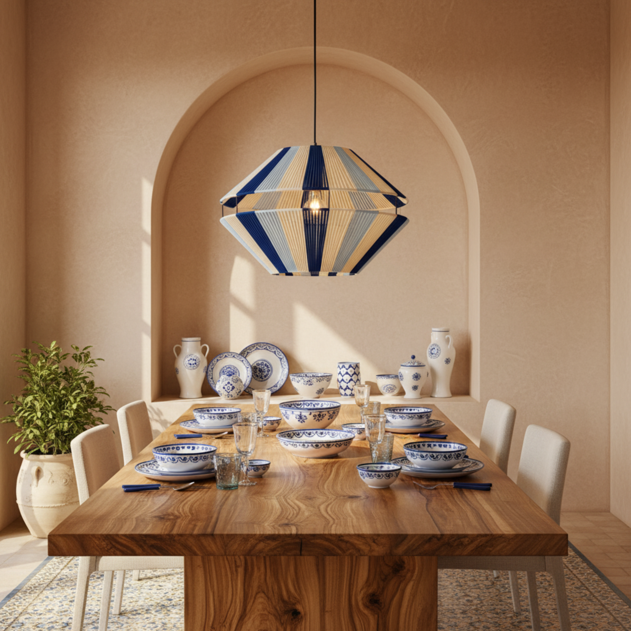 Suspension Géométrique Bleu & Blanc Fait Main | Design Méditerranéen Tunisien