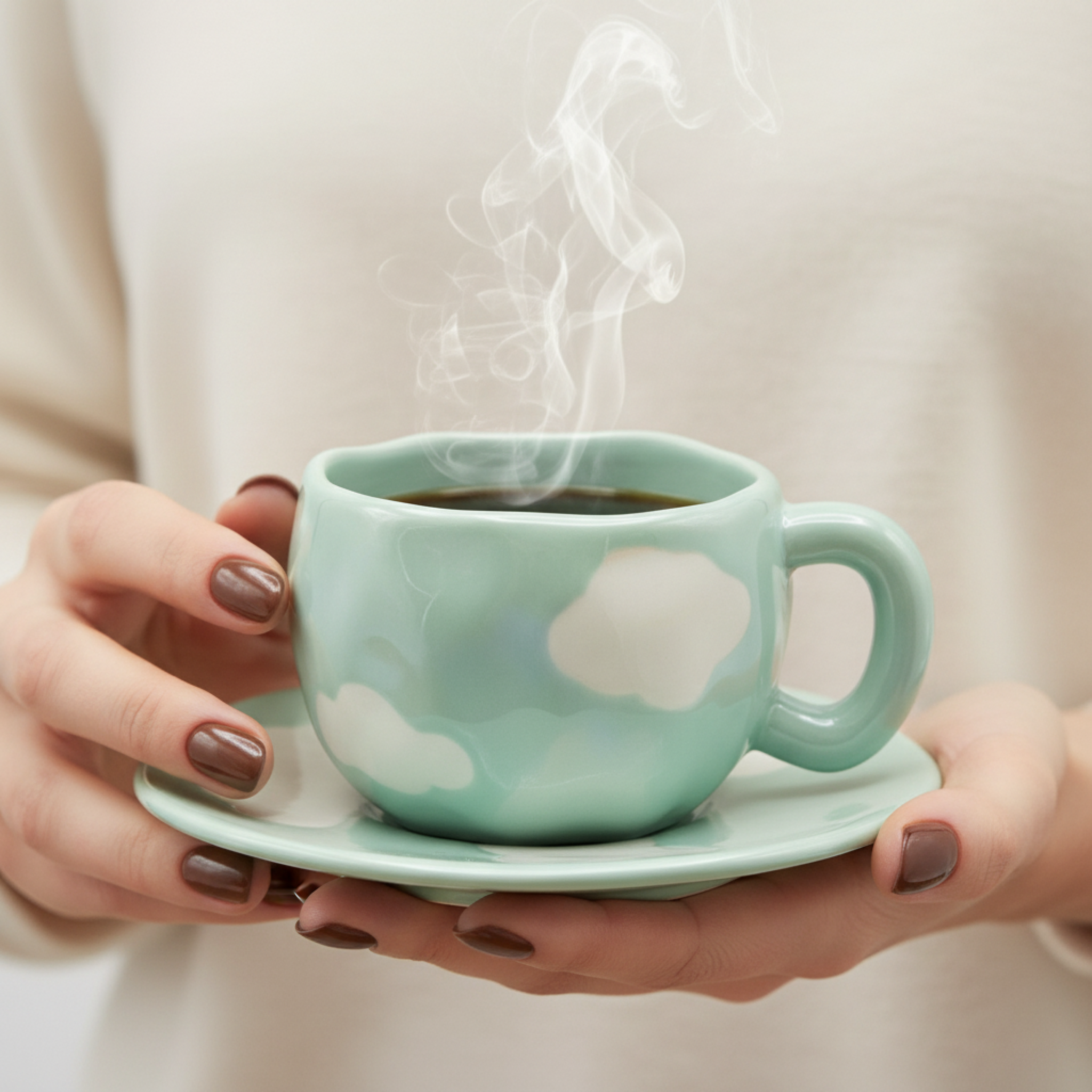 Mug Céramique "Nuage" — Tasse Design Chunky & Soucoupe (Pastel)