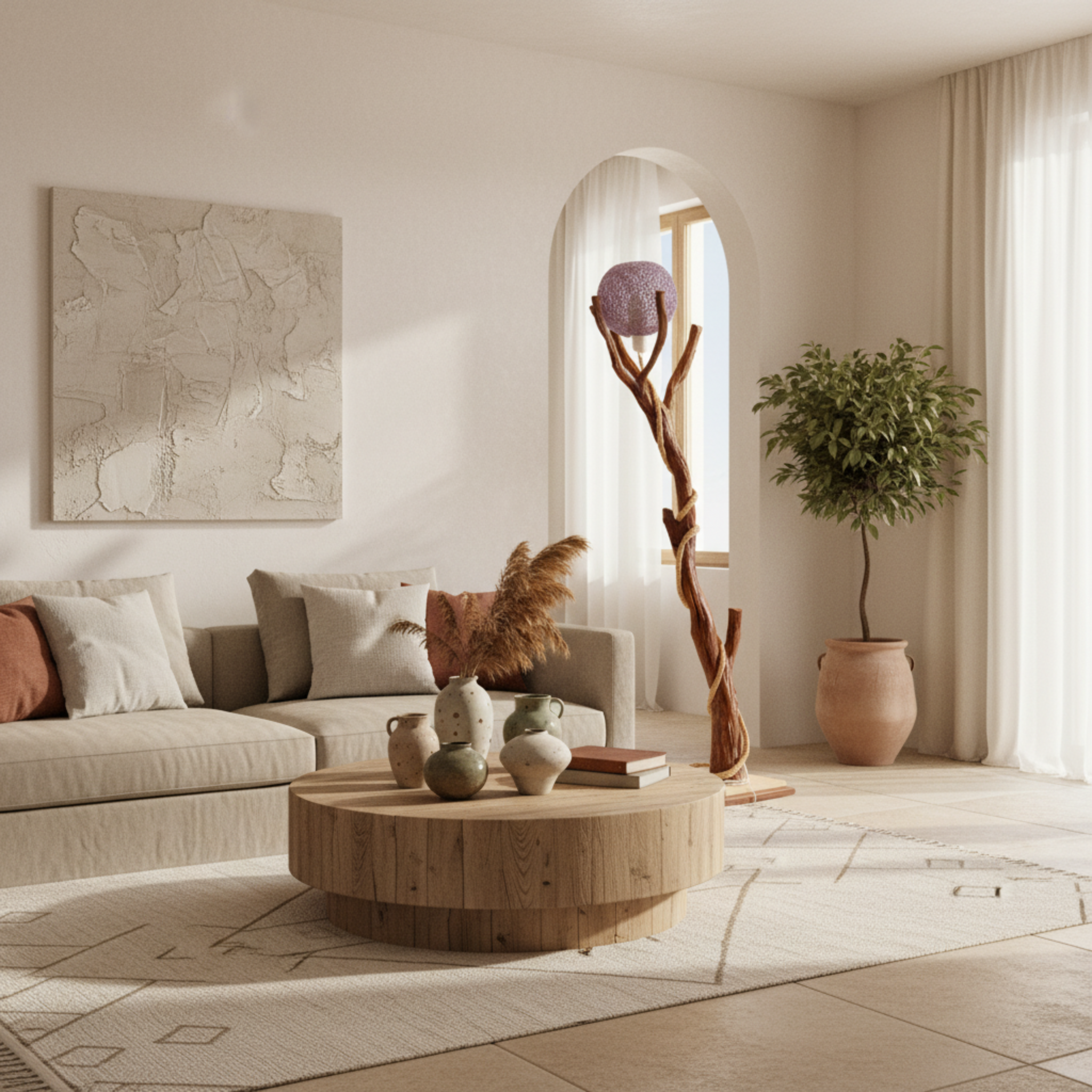 Lampadaire Artisanat Tunisien en Bois Naturel & Abat-Jour Tissé Violet