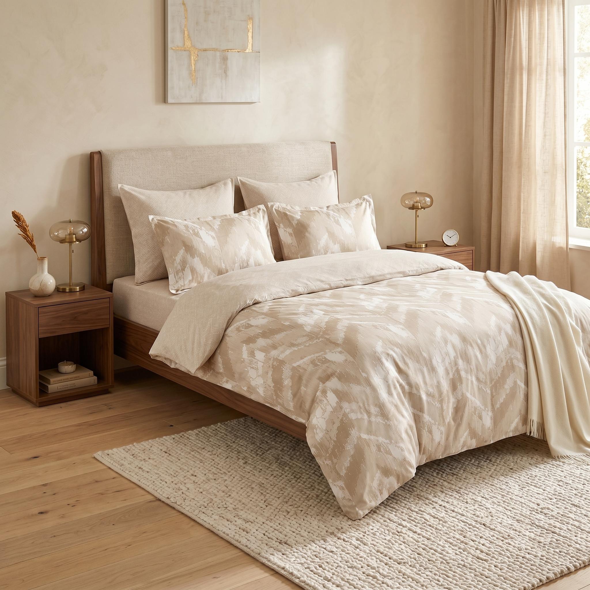 Ensemble Parure de Lit Satin Coton Motif Chevron Ikat Beige | Fiolla Home