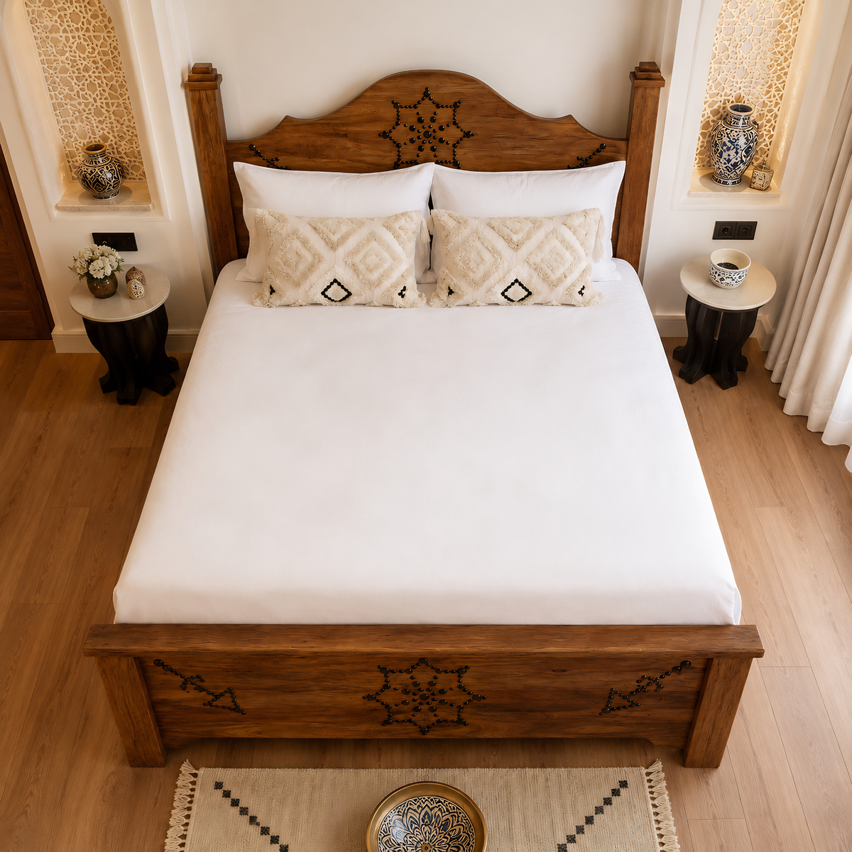 Lit Double Bois Palmier Dattier Clous Forgés 160x190 Tunisie | Fiolla Home