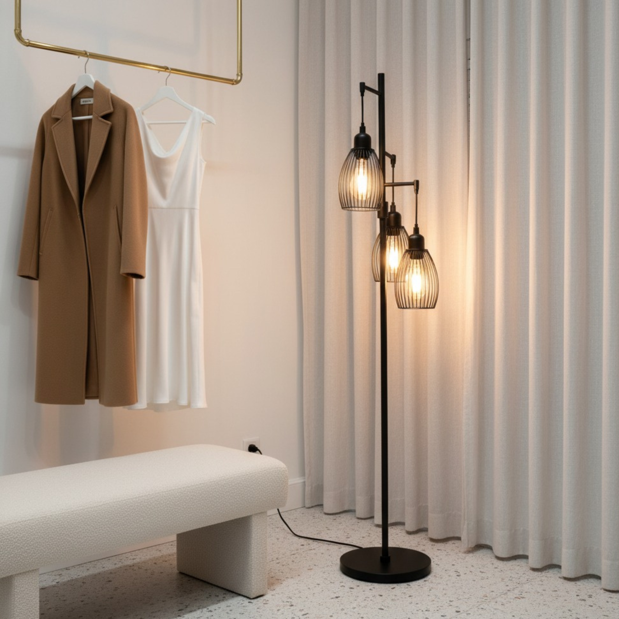 Lampadaire métal noir Tunisie | 3 abat-jours cage, LED | Fiolla Home