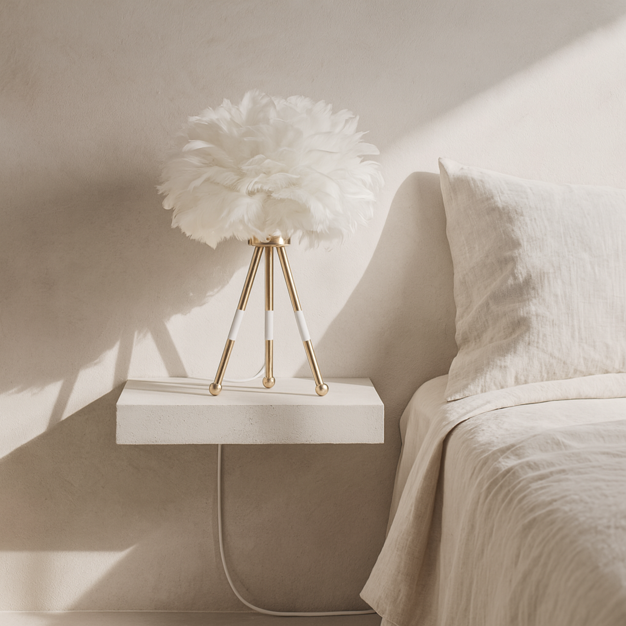Lampe à Plumes Tripode Blanc et Doré – Design Bohème Chic