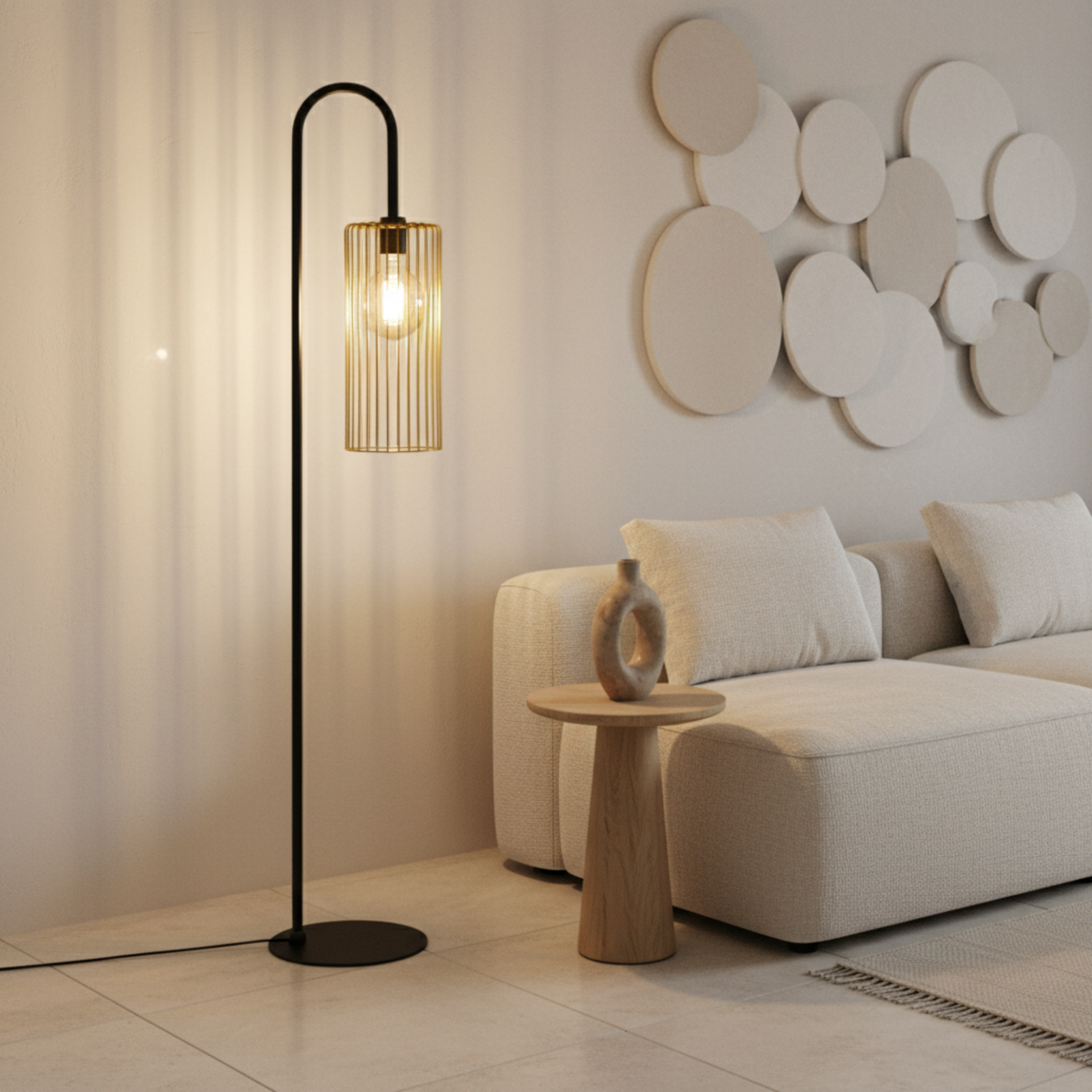 Lampadaire Trépied Métal Noir & Abat-Jour Effet Tweed – Design Moderne