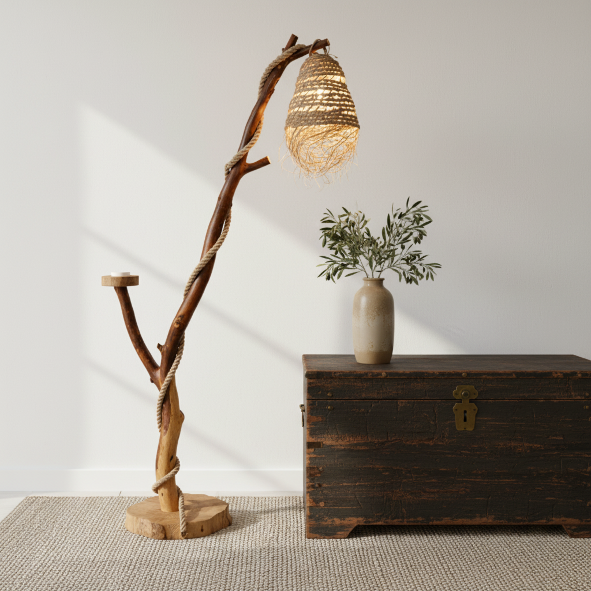 Lampadaire Artisanal en Bois Flotté - Décoration Tunisie Fait Main