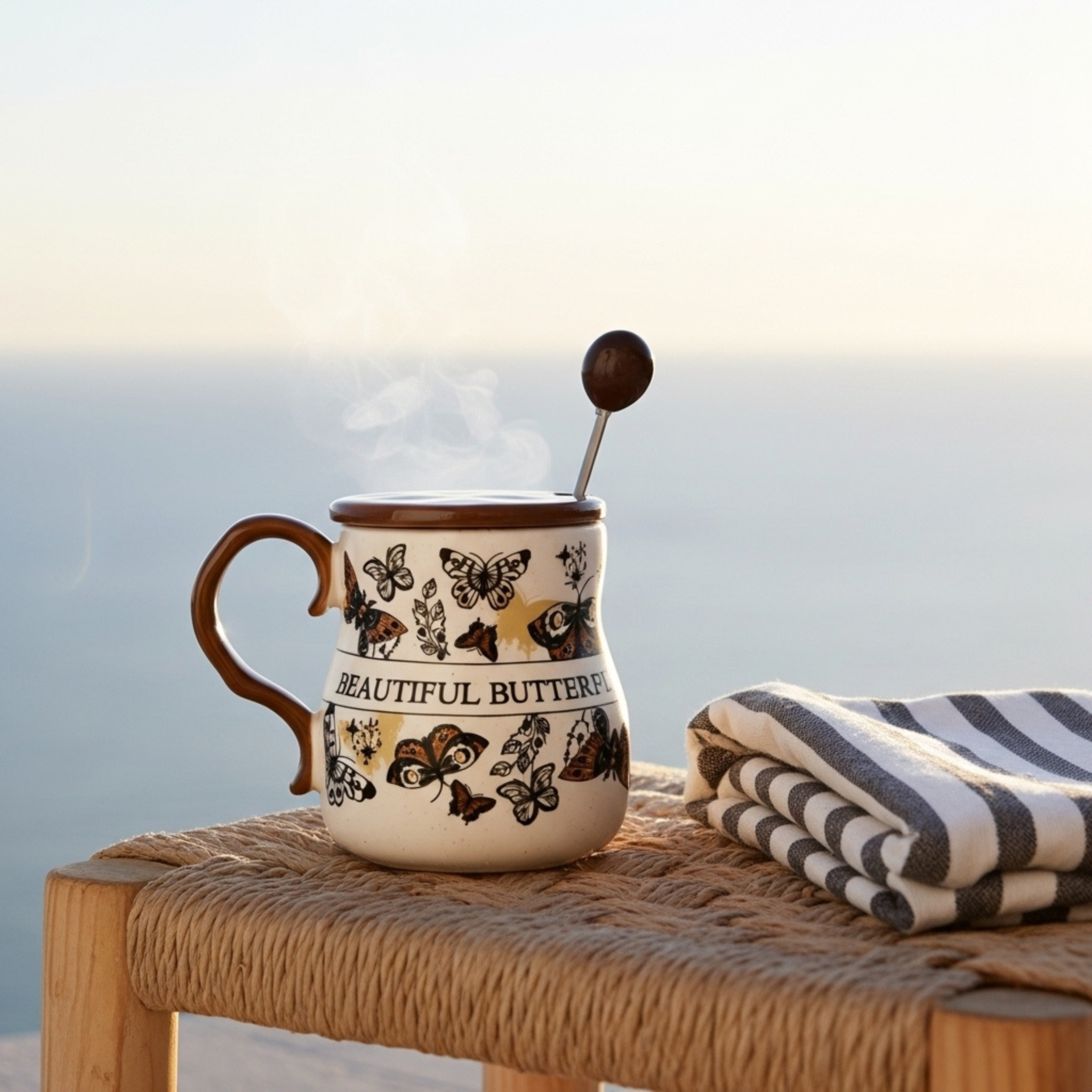 Mug Beautiful Butterfly – Céramique Mouchetée, Couvercle Caramel