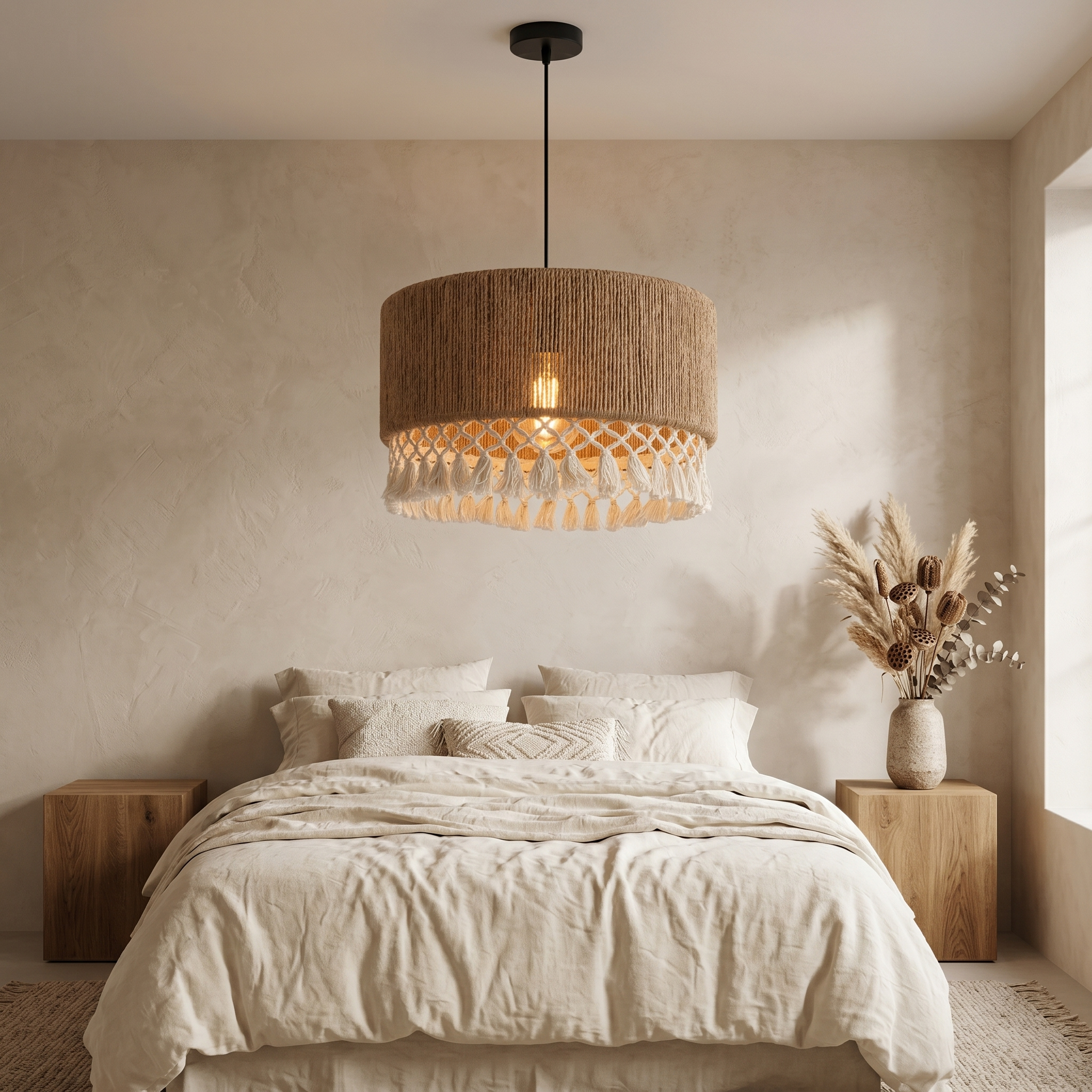 Suspension Jute Macramé Tunisie | Lustre Bohème à Pompons | Fiolla Home